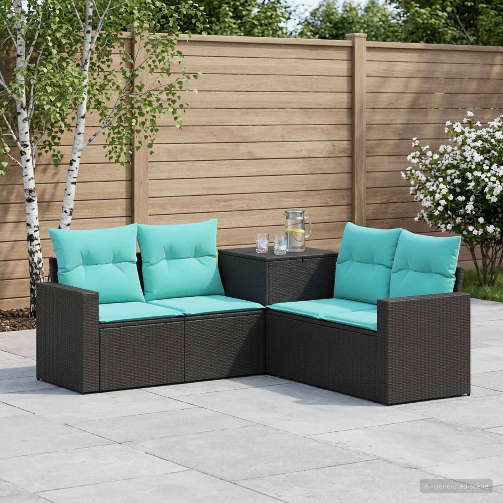 Outdoor-Sitzmöbel-Set mit zwei dunklen Korbliebessitzen und türkisfarbenen Kissen um einen kleinen Tisch, vor einem Holzzaun und Garten.