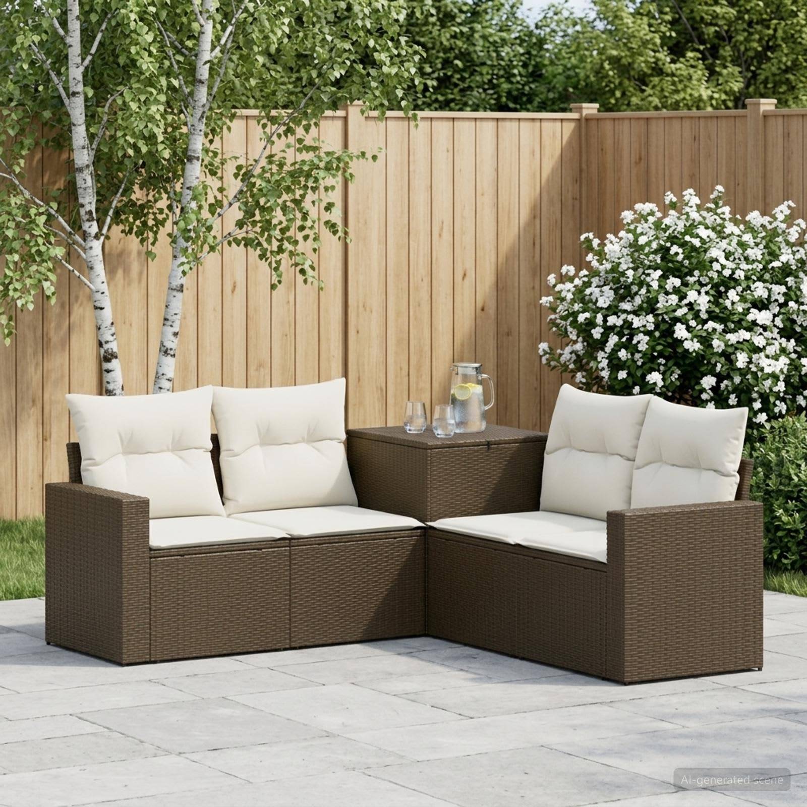 Sitzgarnitur für die Außenterrasse mit zwei braunen Polyrattan-Sesseln, cremefarbenen Kissen und einem passenden quadratischen Beistelltisch auf einer gepflasterten Terrasse neben einem Holzzaun und blühenden Sträuchern.