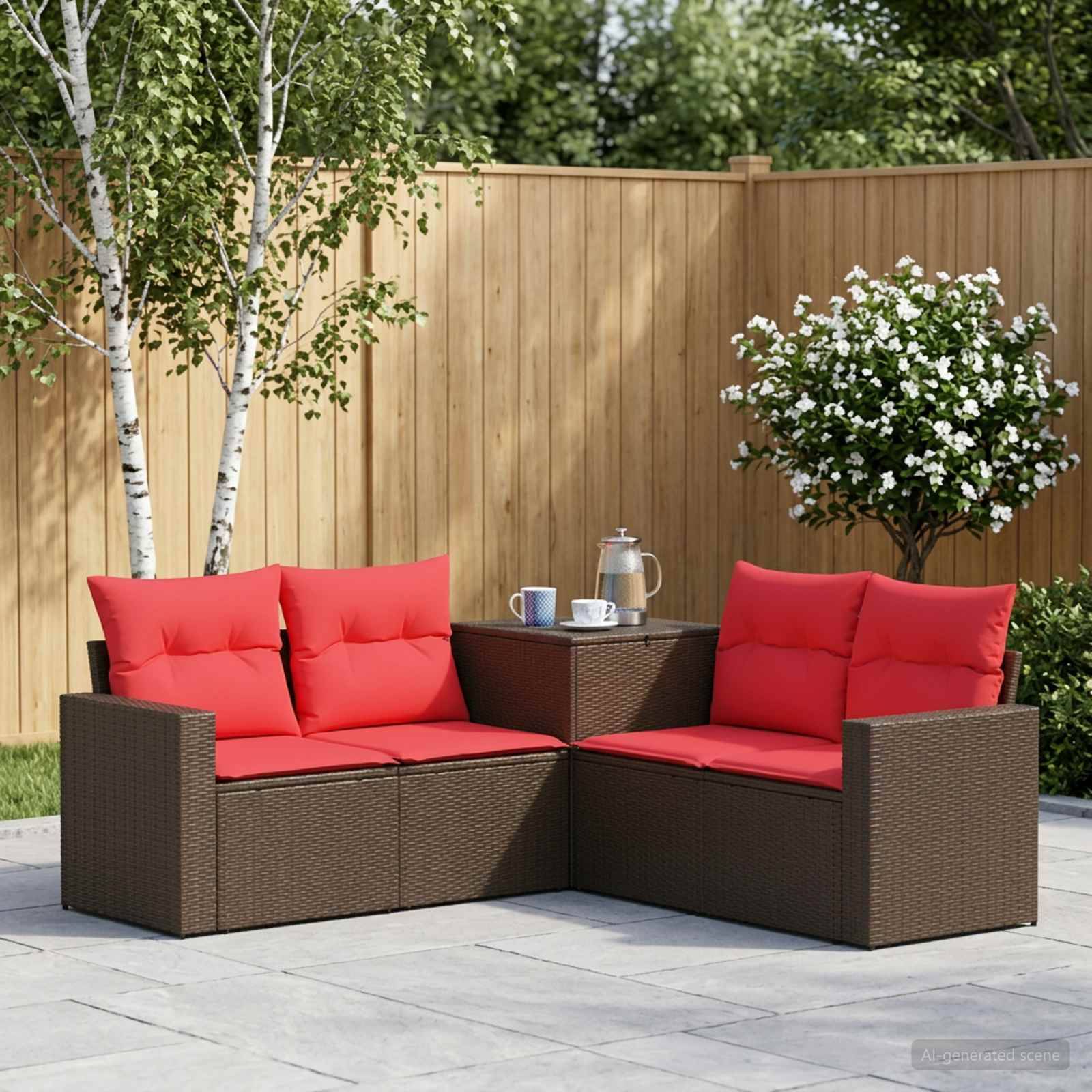 Outdoor-Terrassen-Sitzgarnitur mit zwei braunen Korbsofas und roten Kissen, sowie einem kleinen Tisch mit Tassen und einer Teekanne in einem eingezäunten Garten.