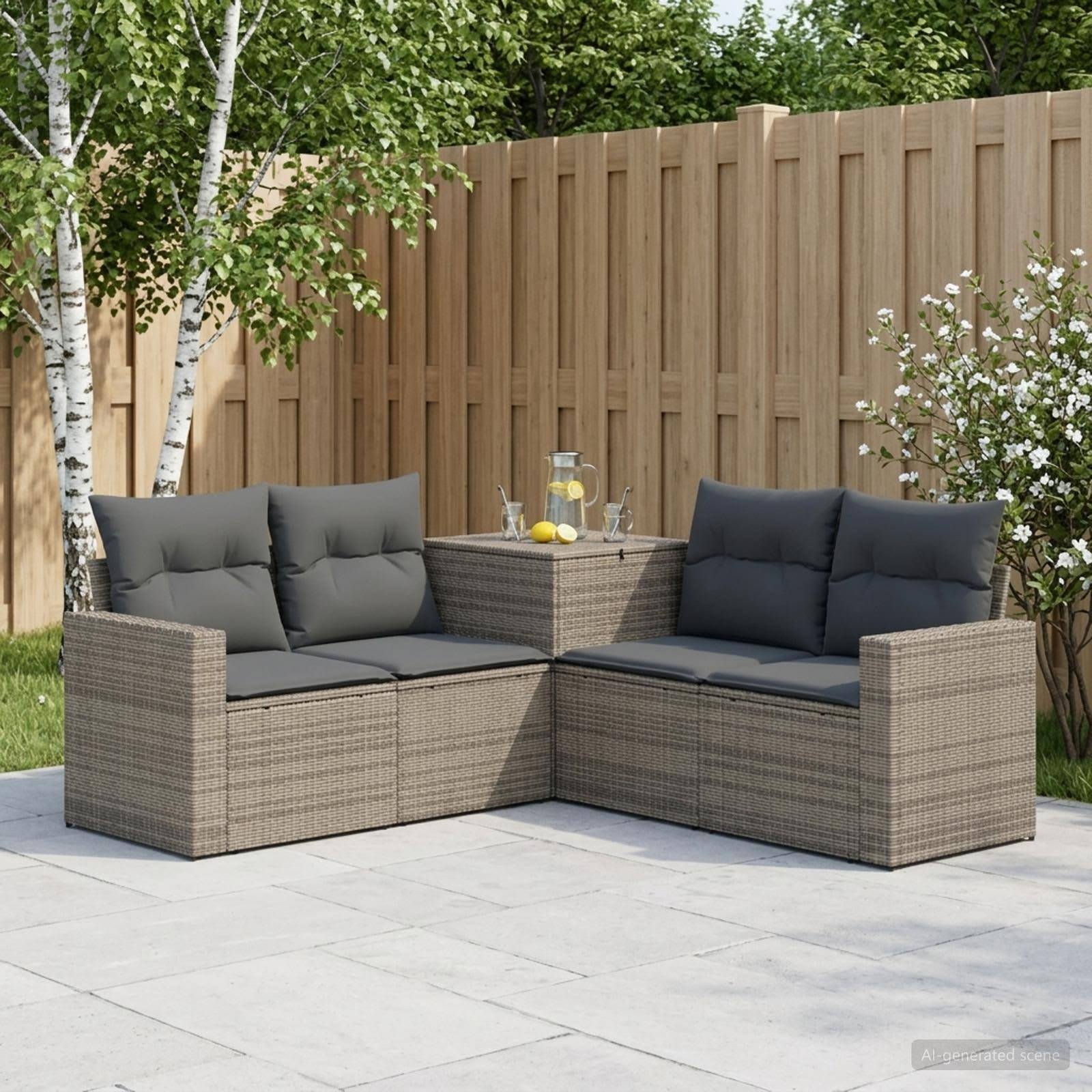 Gartenecksofa aus Rattan mit dunklen Kissen und kleinem Beistelltisch mit Glasplatte in einer Gartenanlage.