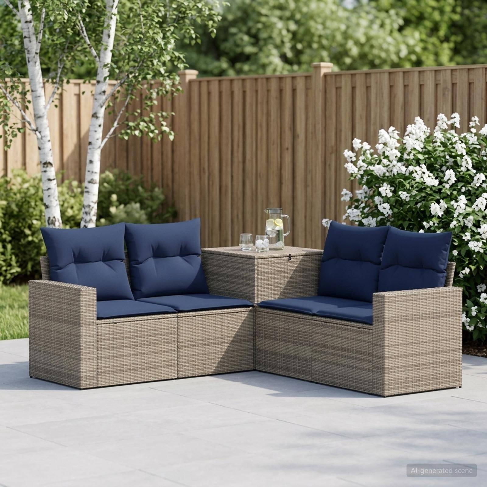 Outdoor-Rattanmöbel-Sitzelement mit marineblauen Kissen und einem kleinen Glastisch, angeordnet auf einer Terrasse neben einem Holzzaun und blühenden Sträuchern.