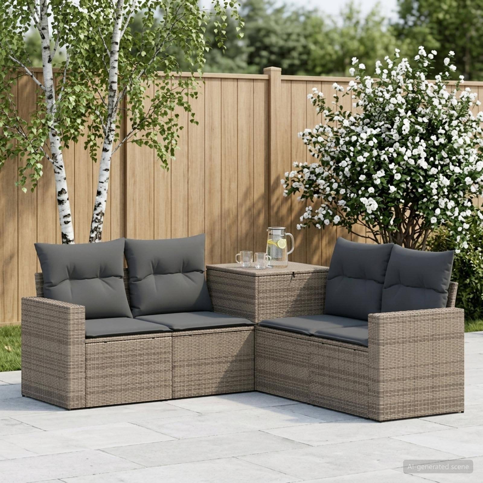 Outdoor-Terrassensitzgarnitur mit zwei grauen Rattansofas, passendem Beistelltisch und Getränkekrug neben einem Holzzaun und blühenden Sträuchern.