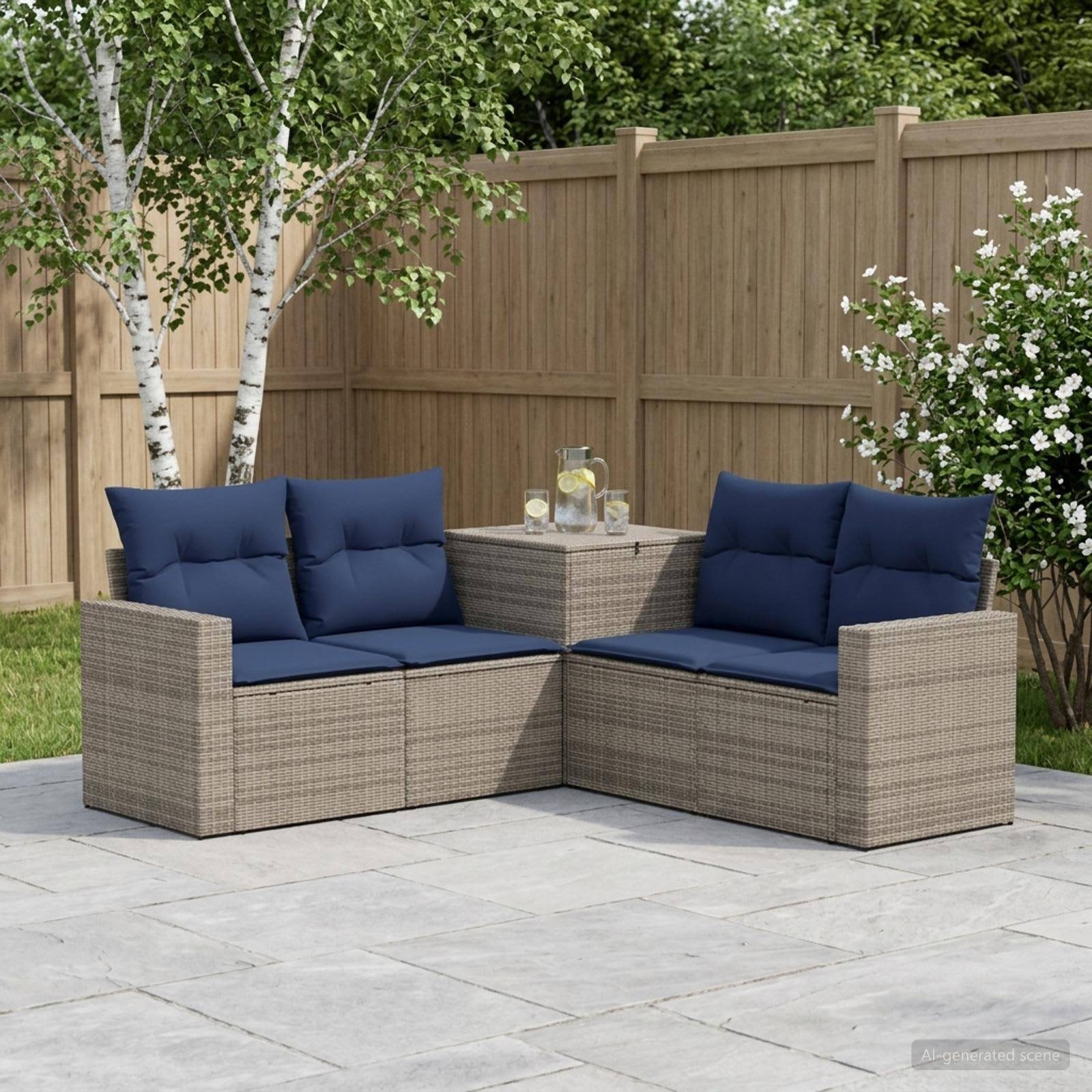 Outdoor-Rattanpatio-Ecksofa mit marineblauen Kissen und einem kleinen Beistelltisch, angeordnet auf einer Steinterrasse in einem umzäunten Garten.