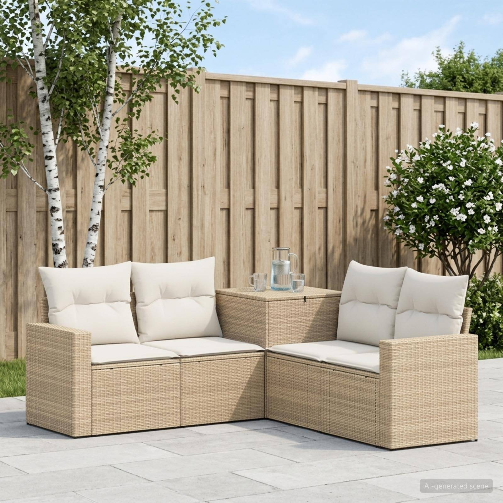 Outdoor-Rattanmöbel-Garnitur für die Terrasse mit cremefarbenen Kissen und kleinem Tisch in einem eingezäunten Hofgarten.