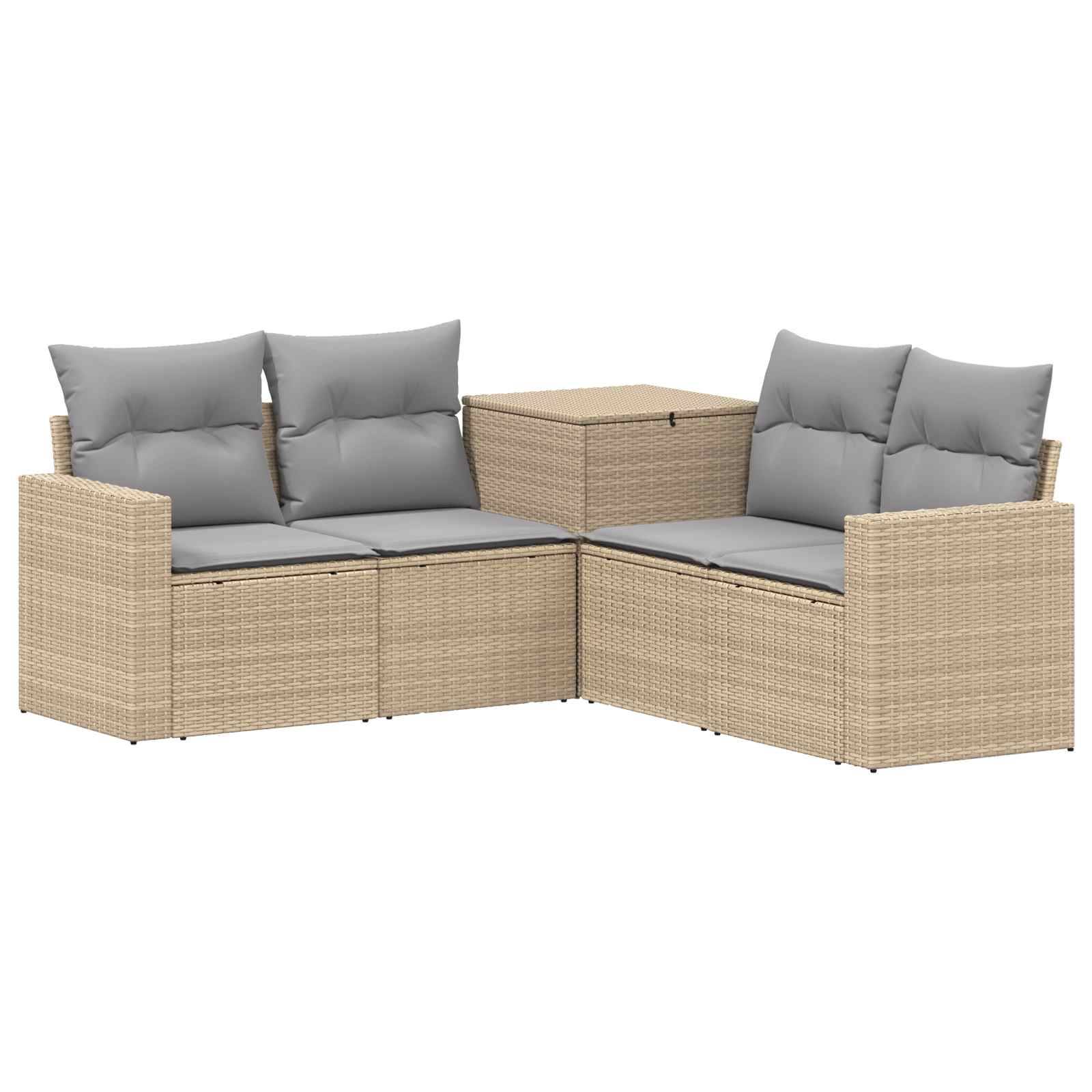 Beige Rattan-Außensektionalsofa-Set mit grauen Kissen und passendem Eck-Stauraum-Tisch auf weißem Hintergrund