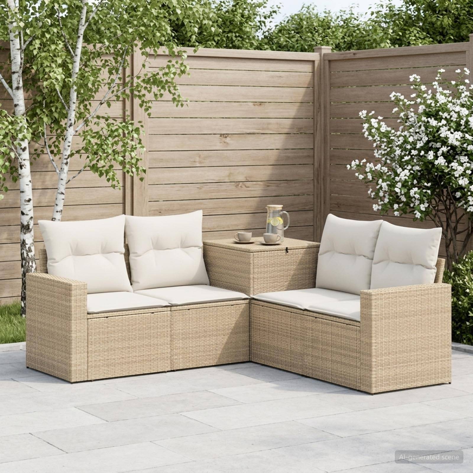 Outdoor-Rattangarnituren-Ecksofa mit cremefarbenen Kissen, angeordnet um einen Eckentisch in einem Garten, mit Birken und blühenden Sträuchern hinter einem Holzzaun.
