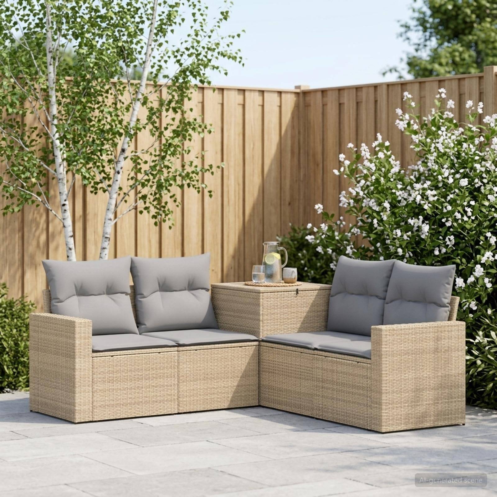 Gartenmöbel-Sitzgruppe mit zwei beigen Korbsofas, grauen Kissen und einem kleinen Beistelltisch in einem Garten neben einem Holzzaun.