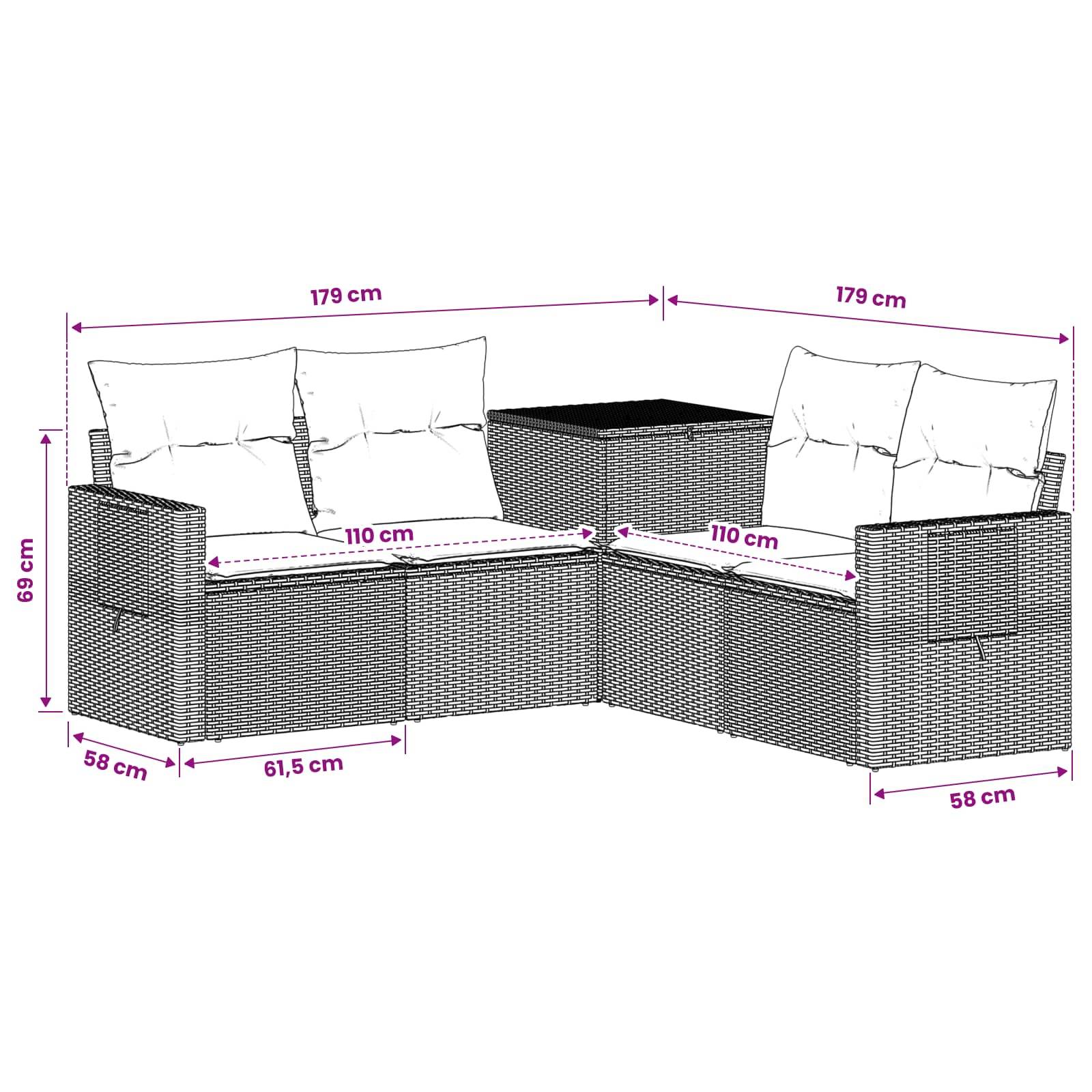 Diagramm eines L-förmigen Korbmöbel-Loungeset für die Terrasse mit Eckentisch und Kissen, gekennzeichnet mit den Maßen: 179 cm breite Abschnitte, 69 cm hoch, 58 cm tief und 110 cm Sitzverlängerung.