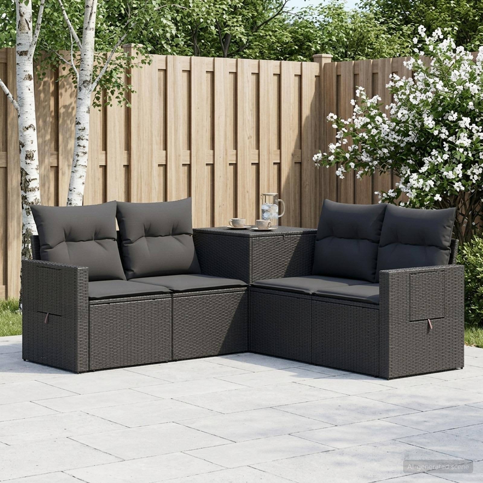 Outdoor-Rattanecksofa-Set mit dunklen Kissen und kleinem Tisch in einer GartenteRasseneinstellung