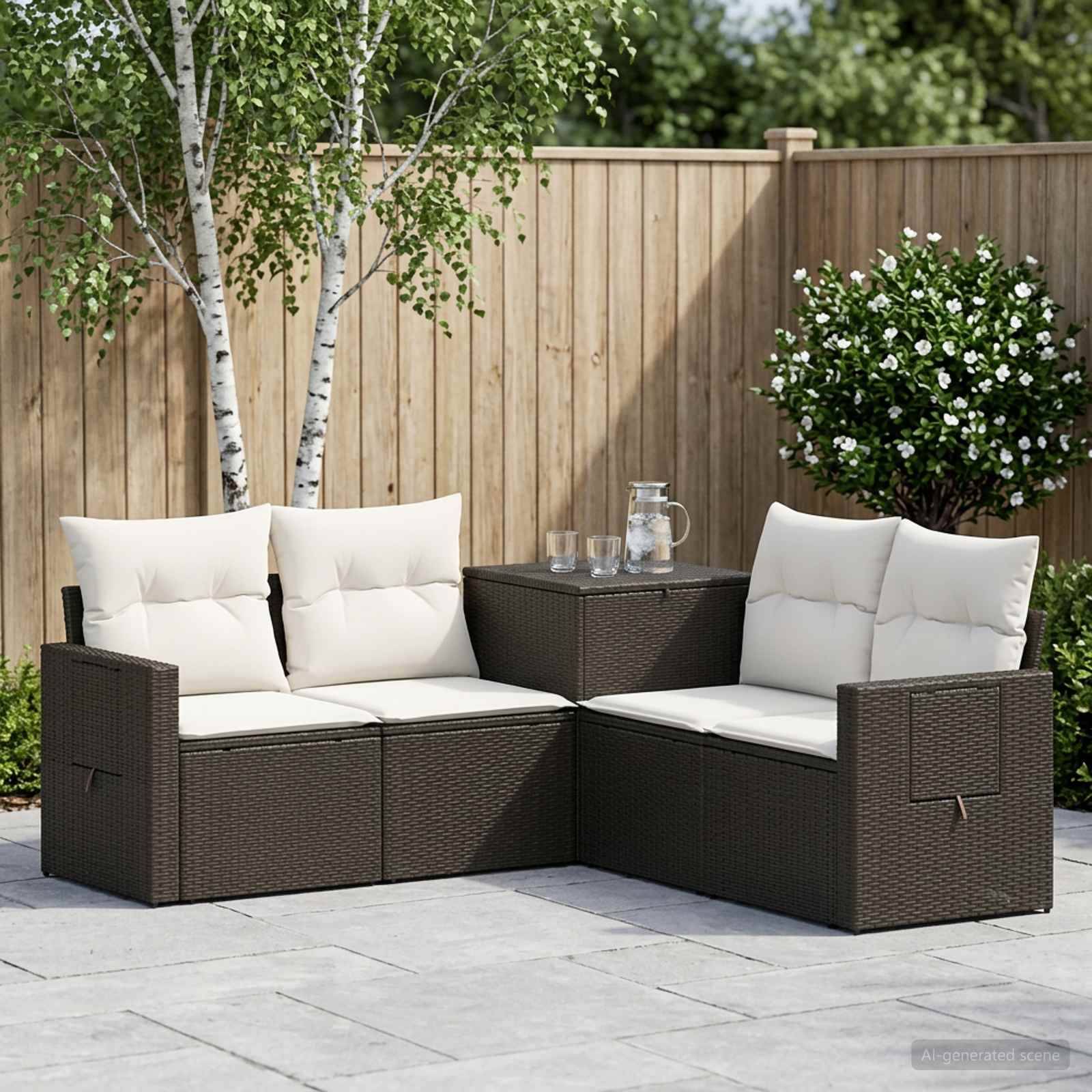 Gartensitzgruppe im Freien mit zwei Korbsofas, cremefarbenen Kissen und einem passenden Beistelltisch neben einem Holzzaun und Sträuchern.