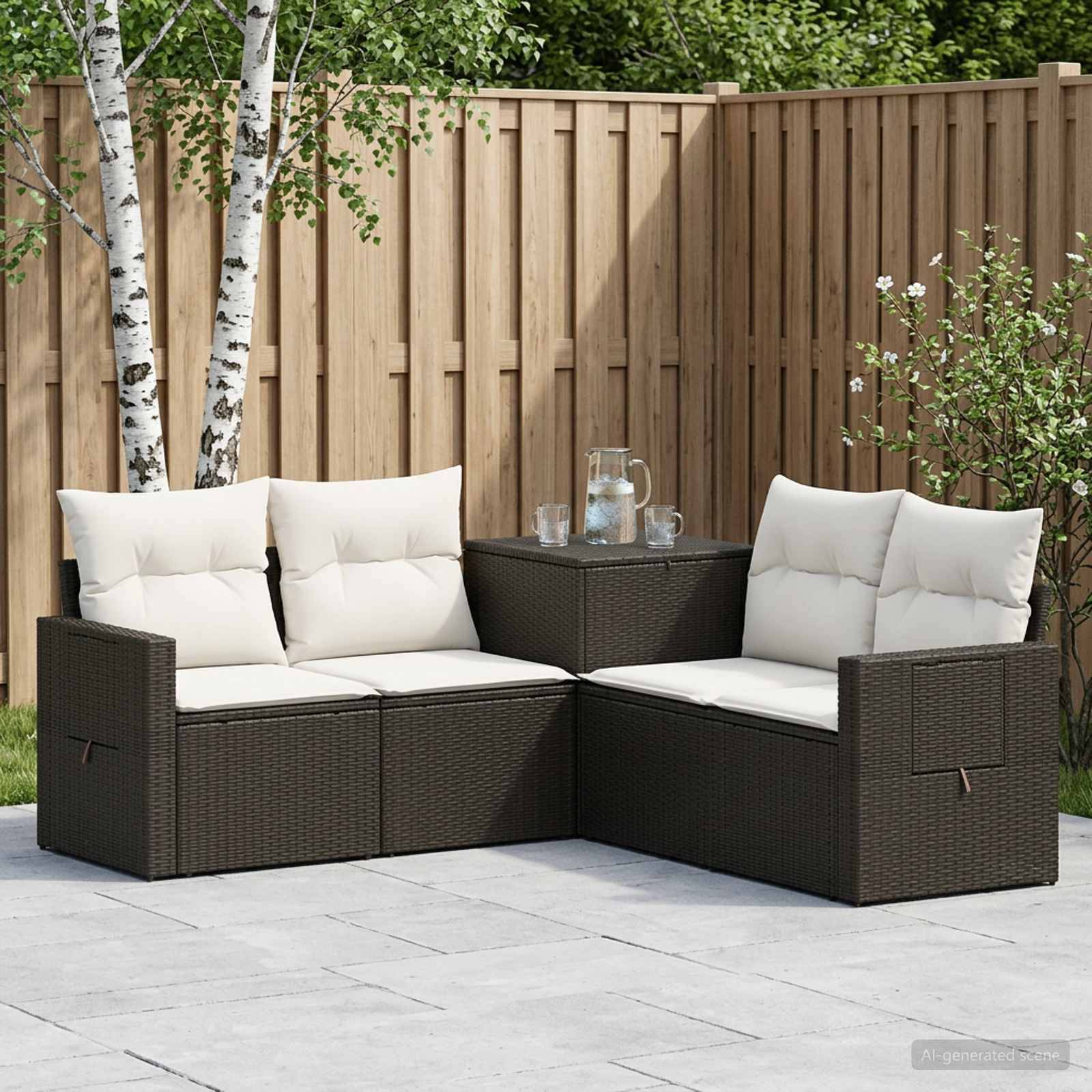 Outdoor-Rattanecksofa-Set mit weißen Kissen und einem passenden Beistelltisch mit Glastischplatte neben einem Holzzaun in einem Patiogarten.