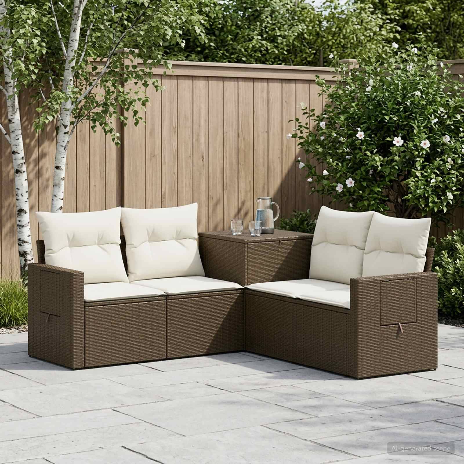 Outdoor-Rattansofa-Set mit weißen Kissen und passendem Beistelltisch auf einer Steinterrasse neben einem Holzzaun und Grünflächen.