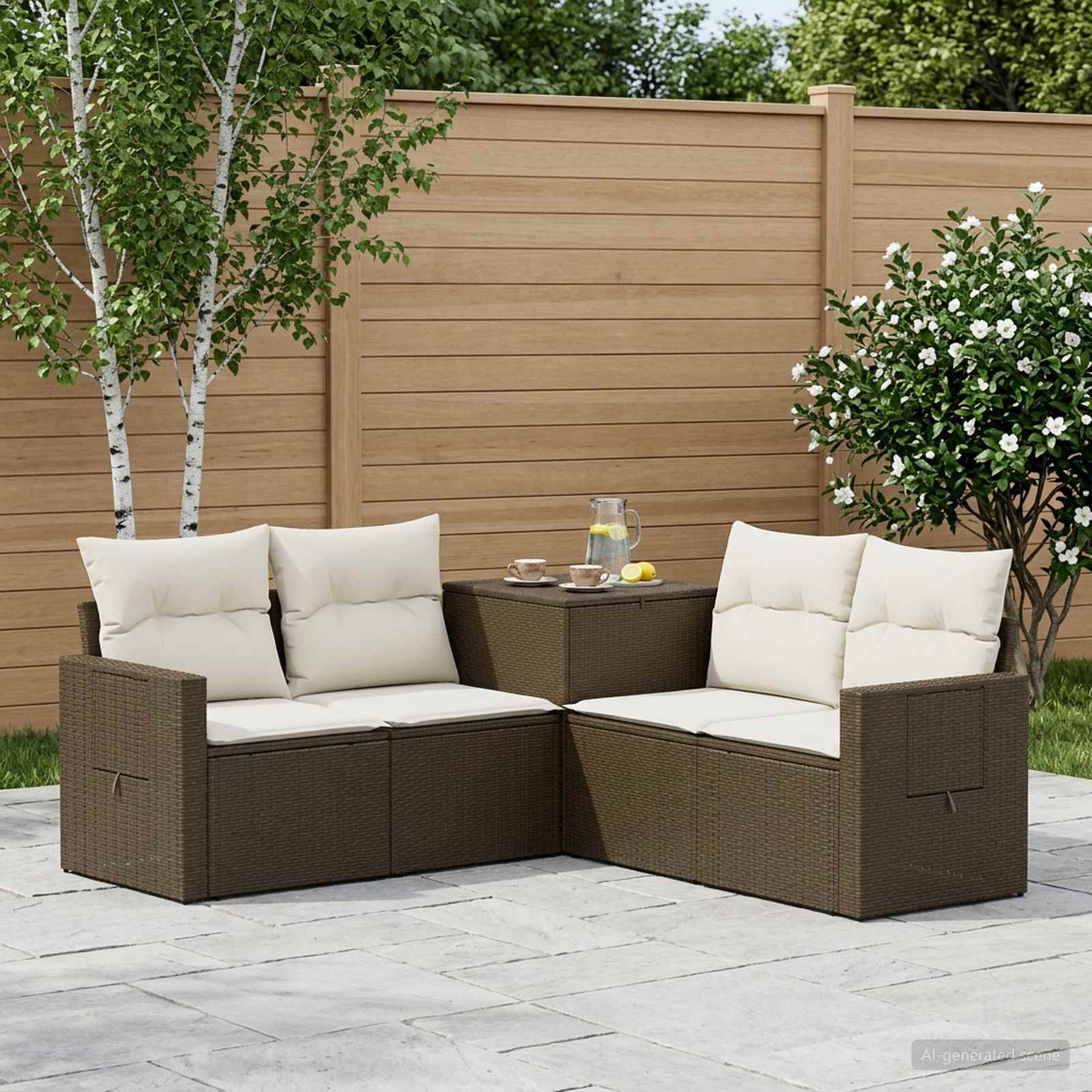 Gartenplatz-Sitzgruppe mit zwei Rattansessel und einem Ecktisch, cremefarbenen Kissen und einem Getränketablett vor einem Holzzaun.