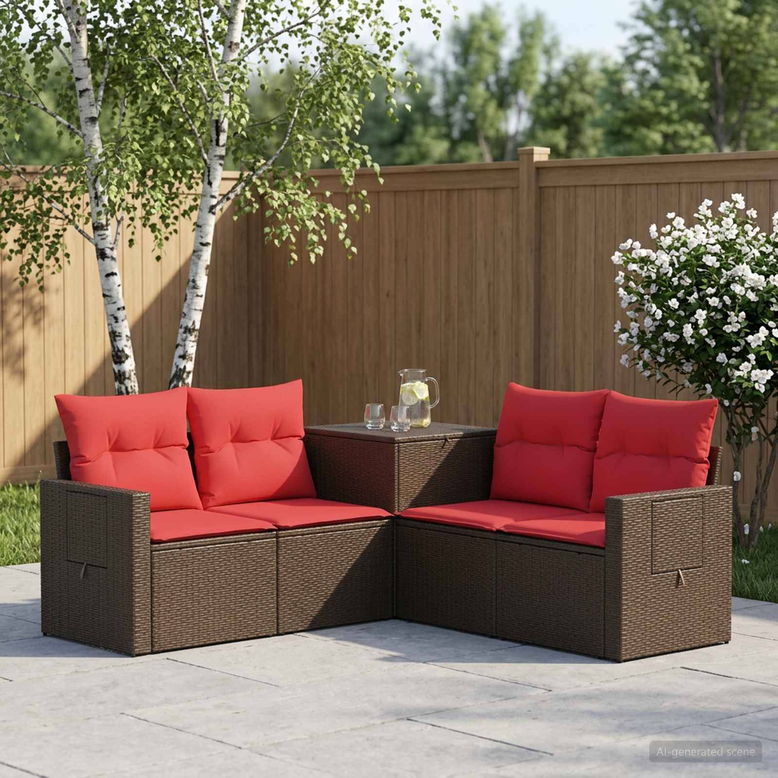Outdoor-Sitzmöbel-Set auf der Terrasse mit zwei roten Sitzkissen versehenen Korbflecht-Zweisitzern und einem kleinen Eckentisch neben einem Holzzaun und blühenden Sträuchern.