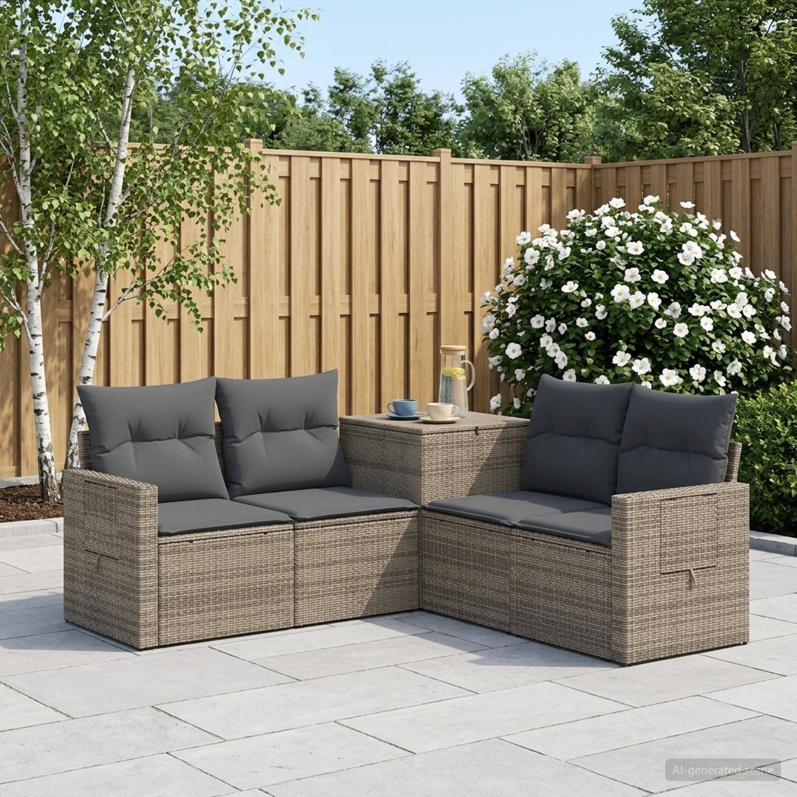 Gartenbestuhlung im Freien mit zwei Rattansofas, grauen Kissen und einem kleinen Beistelltisch auf einer gepflasterten Terrasse neben einem Holzzaun und einem blühenden Strauch.