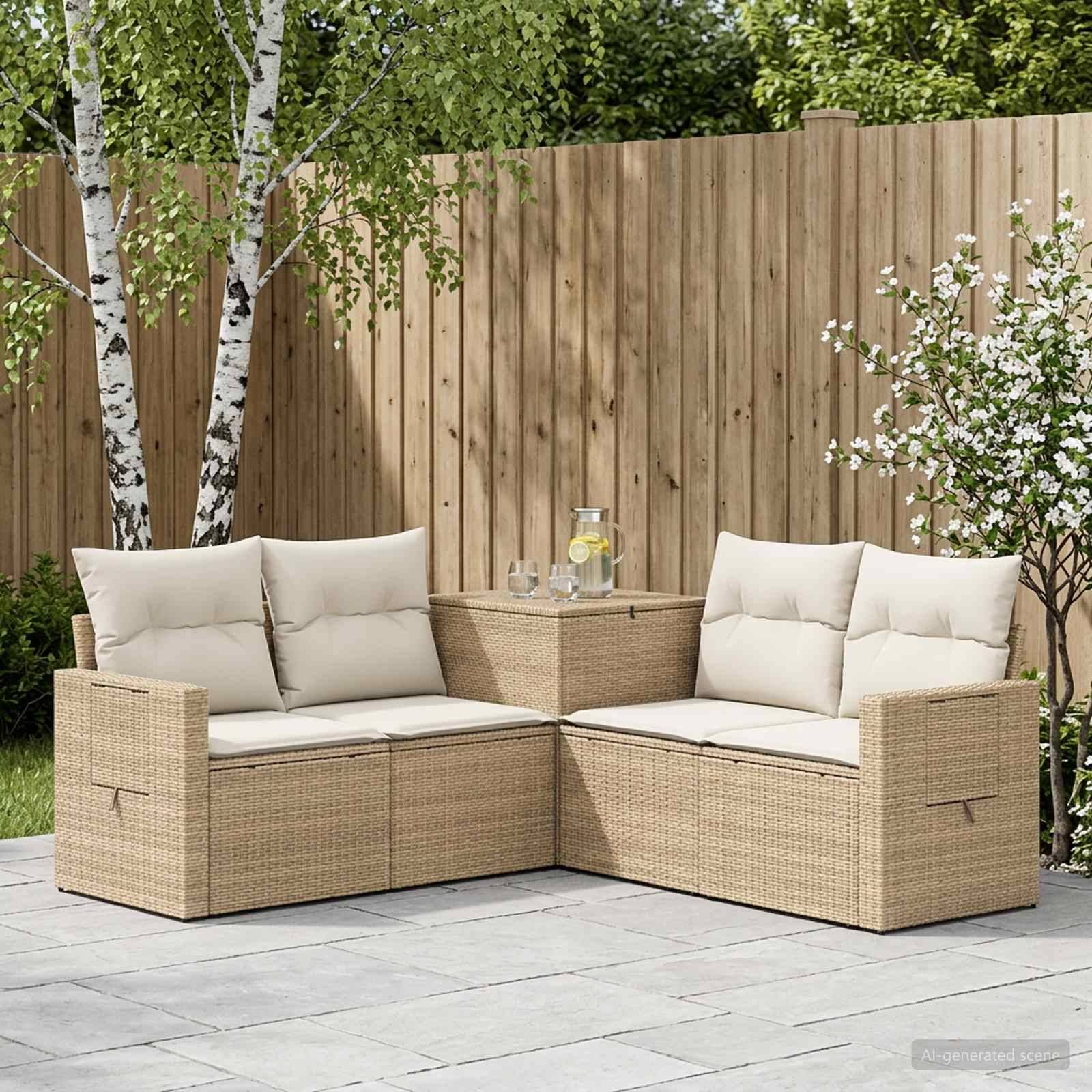 Zwei beige Korbgeflecht-Außensofas, die als Eckgarnitur mit Kissen und einem kleinen passenden Tisch auf einer Terrasse angeordnet sind, vor einem Holzzaun und Bäumen.