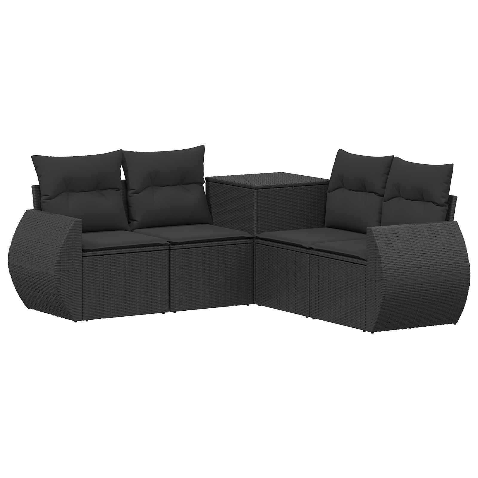 Schwarzes geflochtenes Gartensektional-Sofaset mit zwei gekrümmten Sesseln, Kissen und einem passenden Eckentisch auf weißem Hintergrund.
