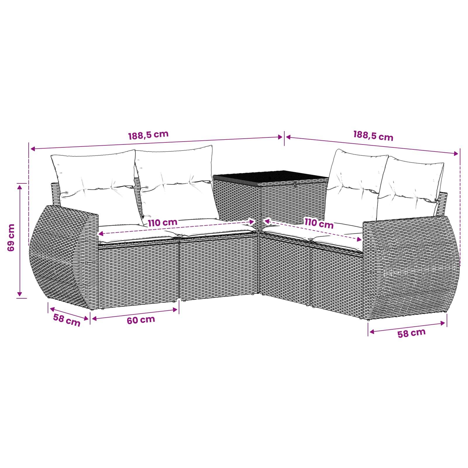 Eckiges Rattan-Gartensofaset mit zwei Zweisitzern und mittlerem Tisch, abgebildet mit Abmessungen: 188,5 cm breite Seiten, 110 cm Sitzbreite, 69 cm Höhe, 58 cm Armtiefe, 60 cm Sockeltiefe.
