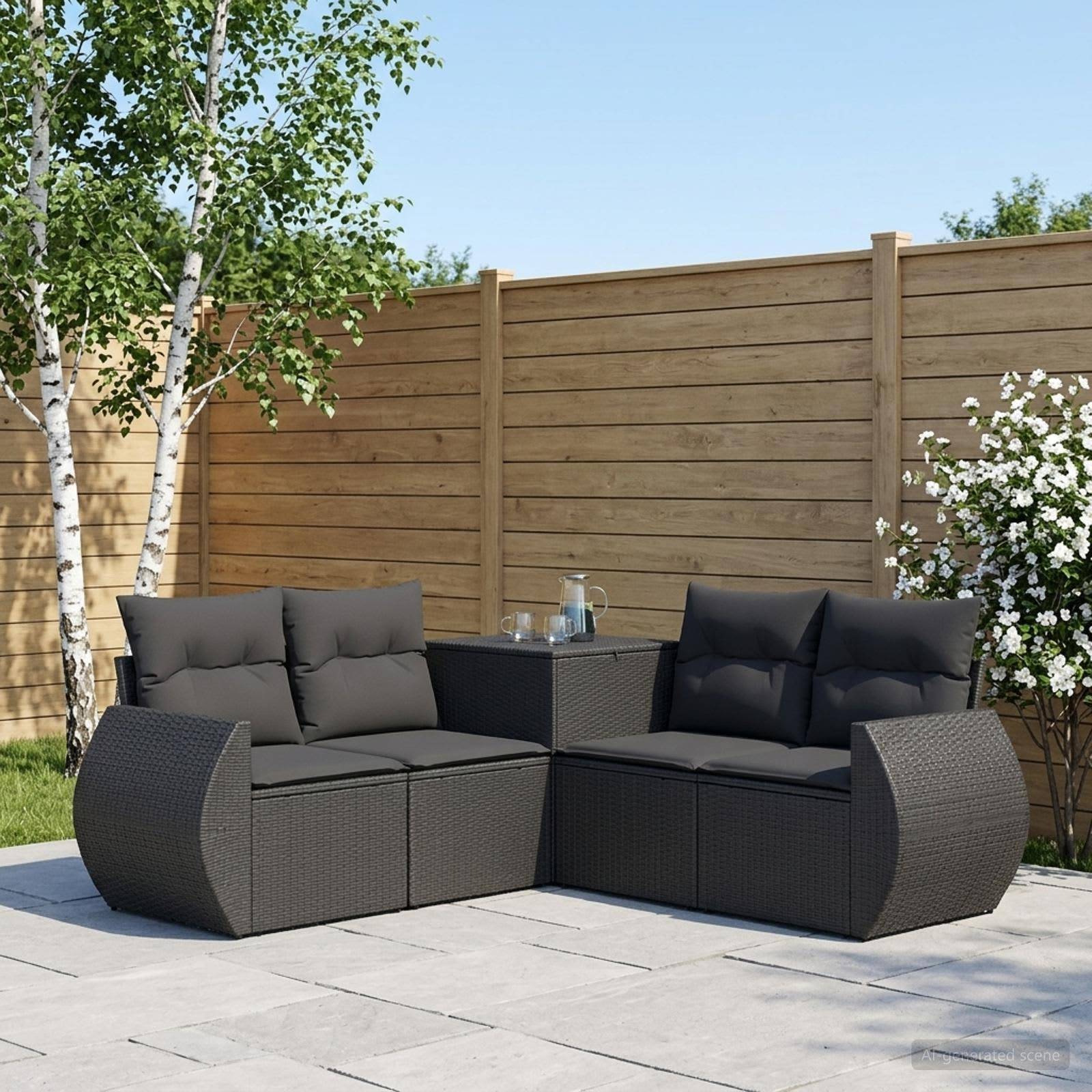 Outdoor-Terrasse mit modularem schwarzem Polyrattan-Ecksofa und kleinem Tisch auf Steinplatten, vor einem Holzzaun und Birken.
