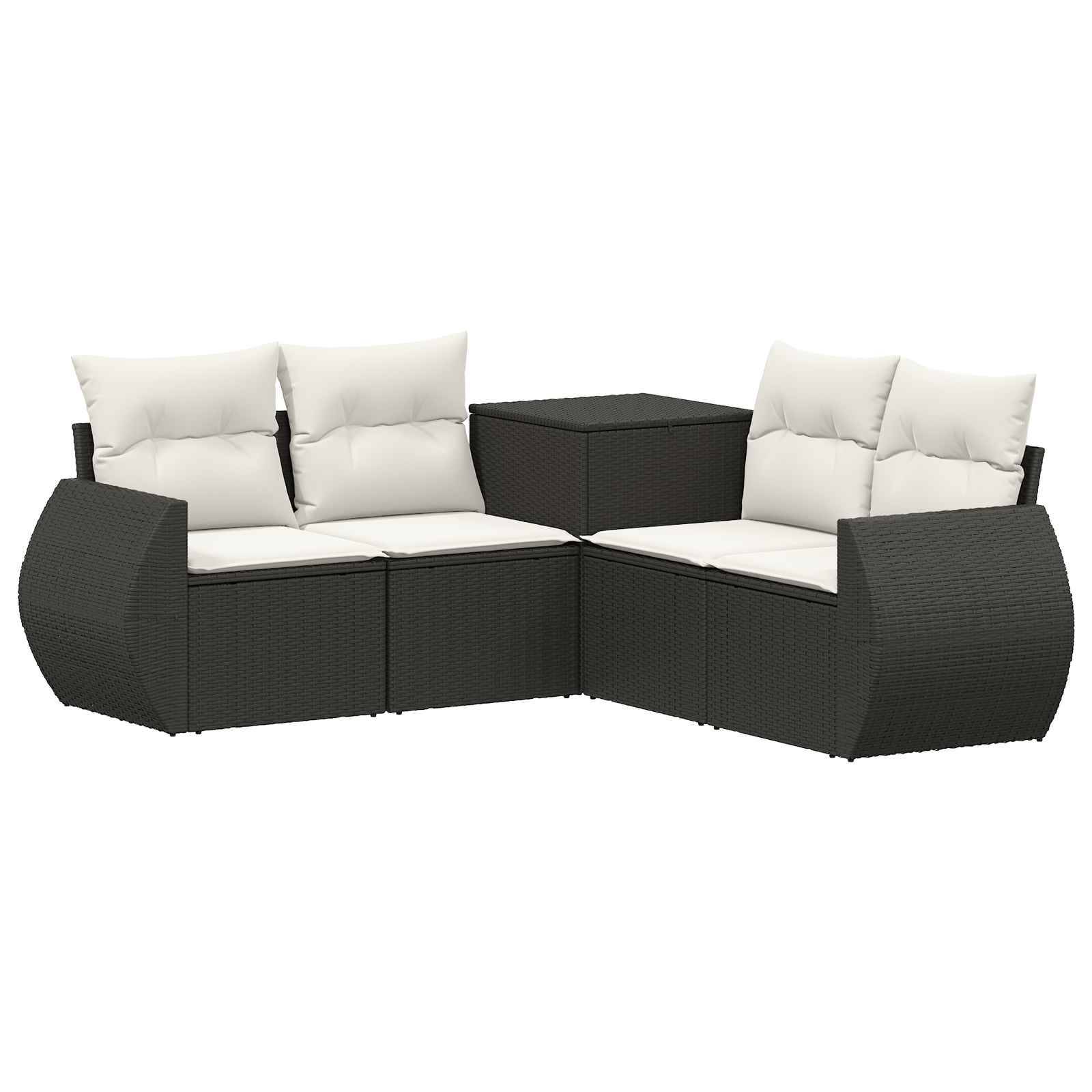 Schwarzes Korbgeflecht-Außenbereichs-Sofa-Set mit beigen Kissen und einem passenden Ecktisch auf weißem Hintergrund.