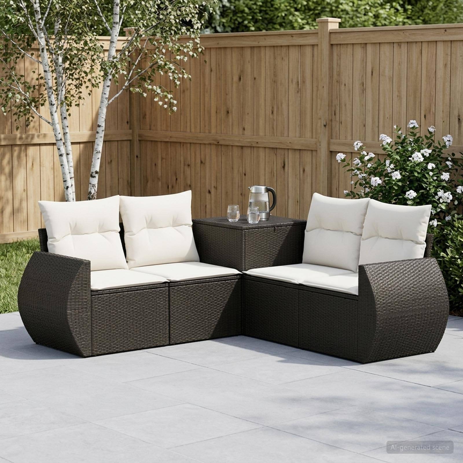 Gartenmöbel-Set für die Terrasse mit zwei dunkelgewebten Liegesofas, weißen Kissen und einem kleinen Tisch mit Kanne und Gläsern in einem eingezäunten Hinterhof.