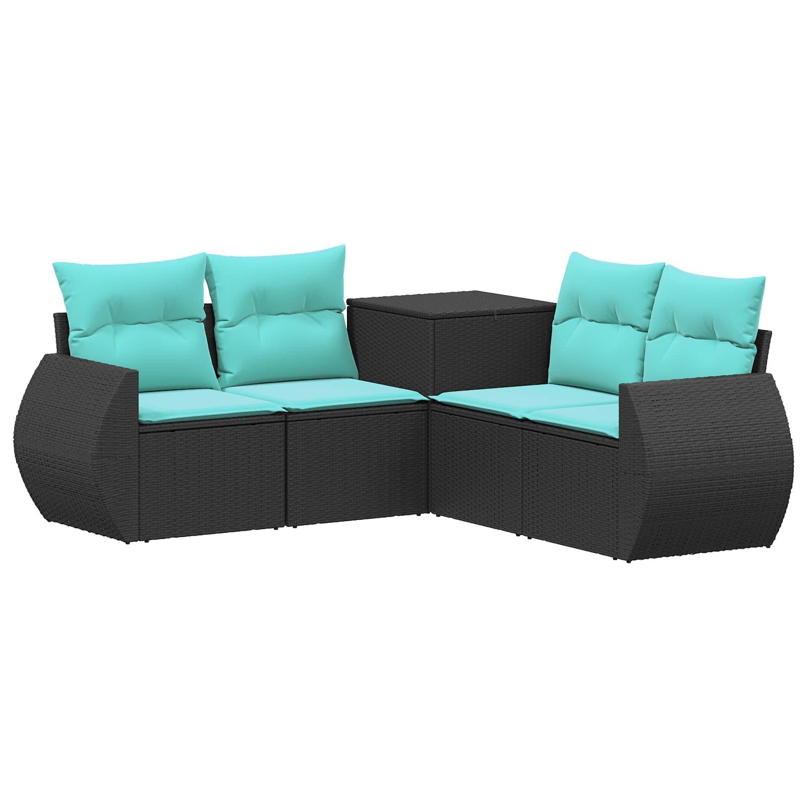 Schwarzes Rattan-Außenecksofa mit aquablauen Kissen und passendem Ecktisch auf weißem Hintergrund