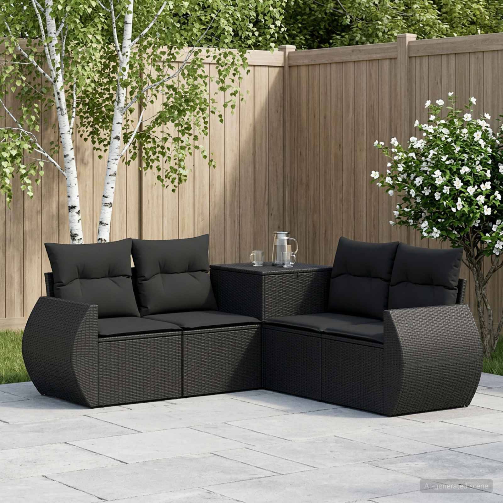 Außensitzgarnitur für die Terrasse mit schwarzen Korbsofas in Sektionalform um einen passenden Eckstisch angeordnet, vor einem Holzzaun und Bäumen.