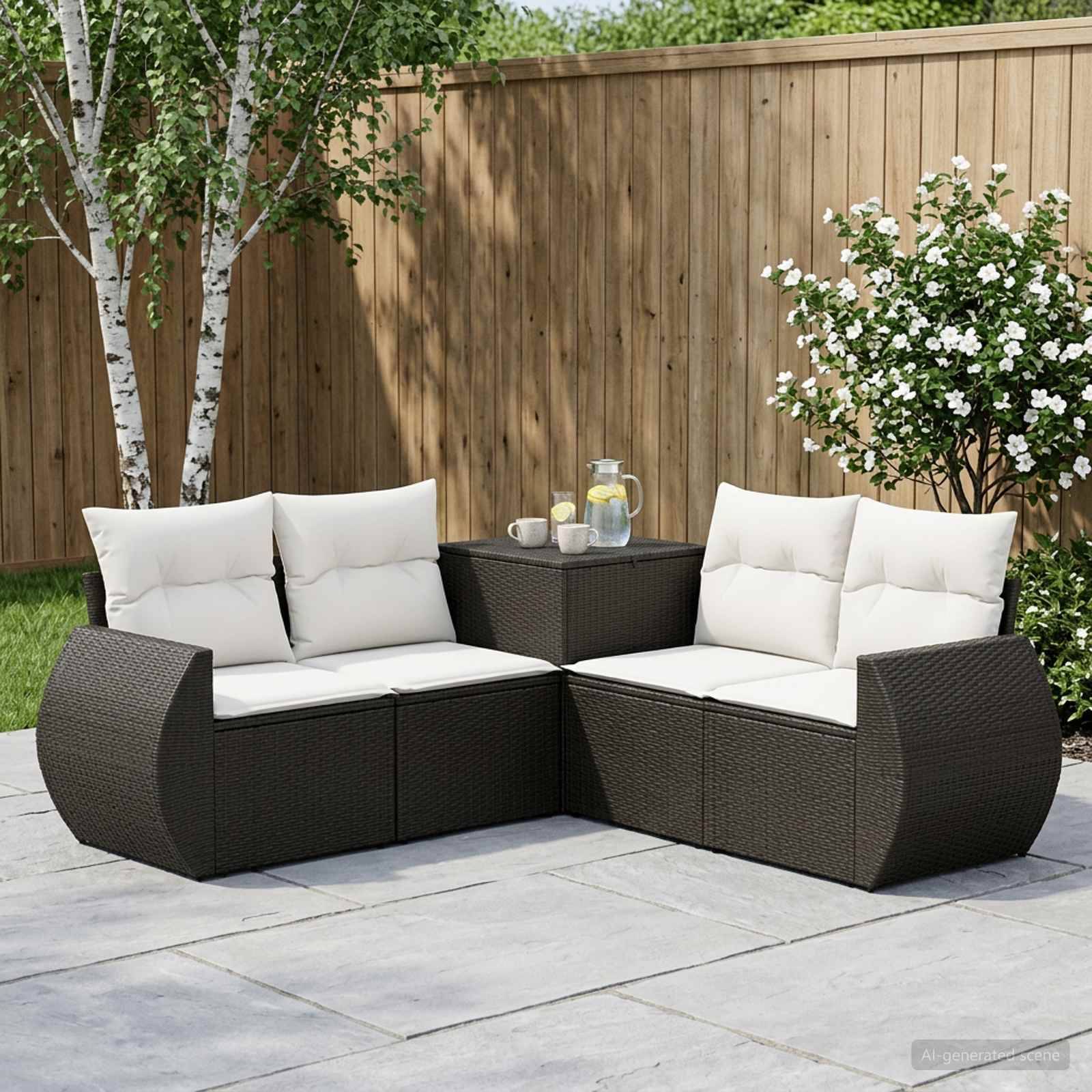 Outdoor-Sitzgarnitur für die Terrasse mit zwei dunklen Korbmöbel-Zweisitzern und weißen Kissen, die um einen kleinen Tisch herum angeordnet sind, vor einem Holzzaun und Gartenpflanzen.