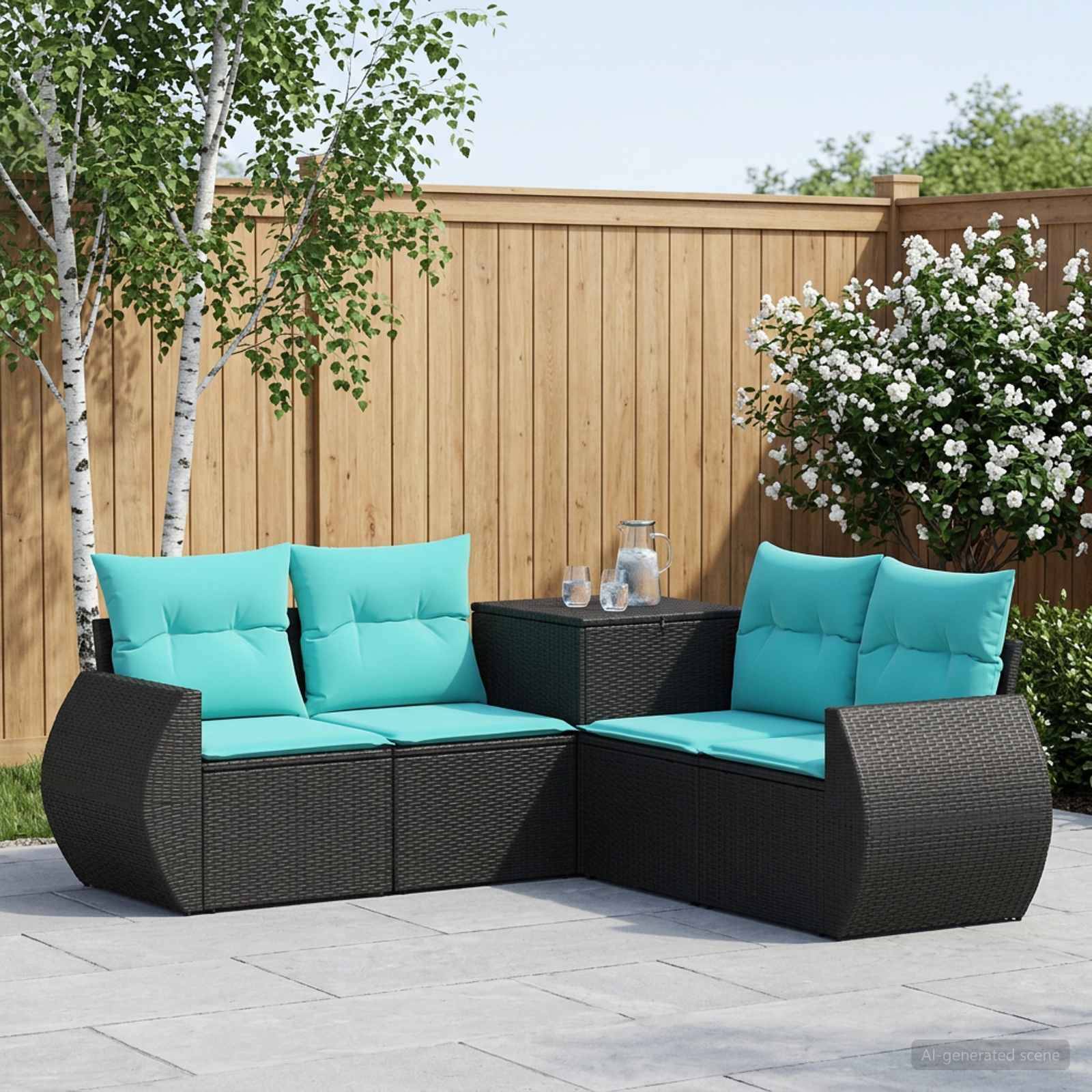 Modernes Außenbereich-Sitzmöbelset mit schwarzen Rattansofas und türkisfarbenen Kissen um einen kleinen Tisch, neben einem Holzzaun und blühenden Sträuchern.