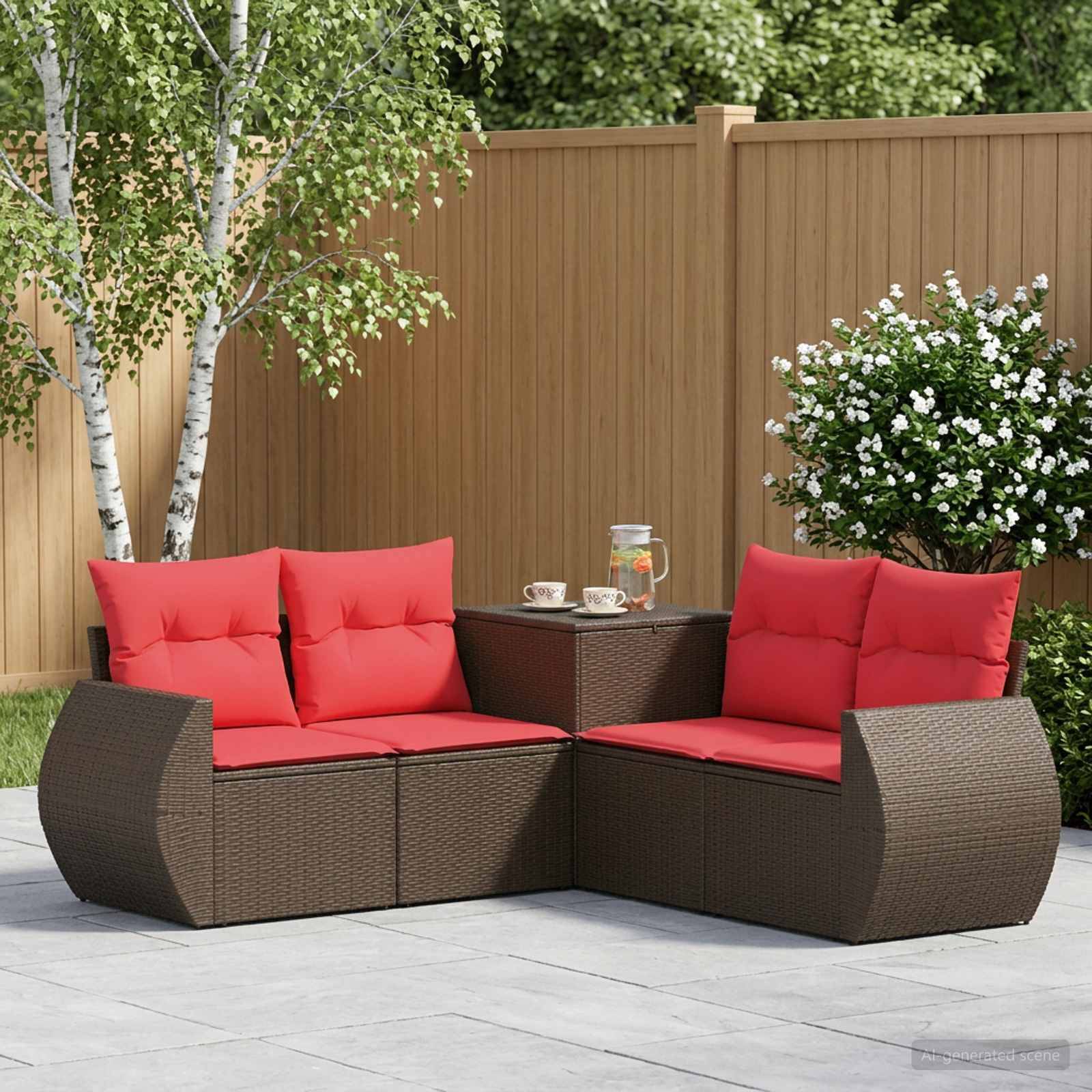 Gartenmöbel-Set für die Terrasse mit zwei braunen Rattansesseln und roten Kissen um einen kleinen Tisch, neben einem Holzzaun und einem blühenden Busch.
