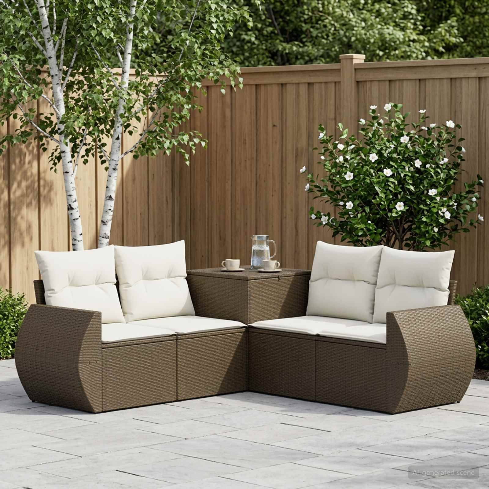 Outdoor-Sitzmöbel-Set mit zwei gepolsterten Rattan-Sofas und einem passenden Tisch auf einer Steinterrasse neben einem Holzzaun und Sträuchern.