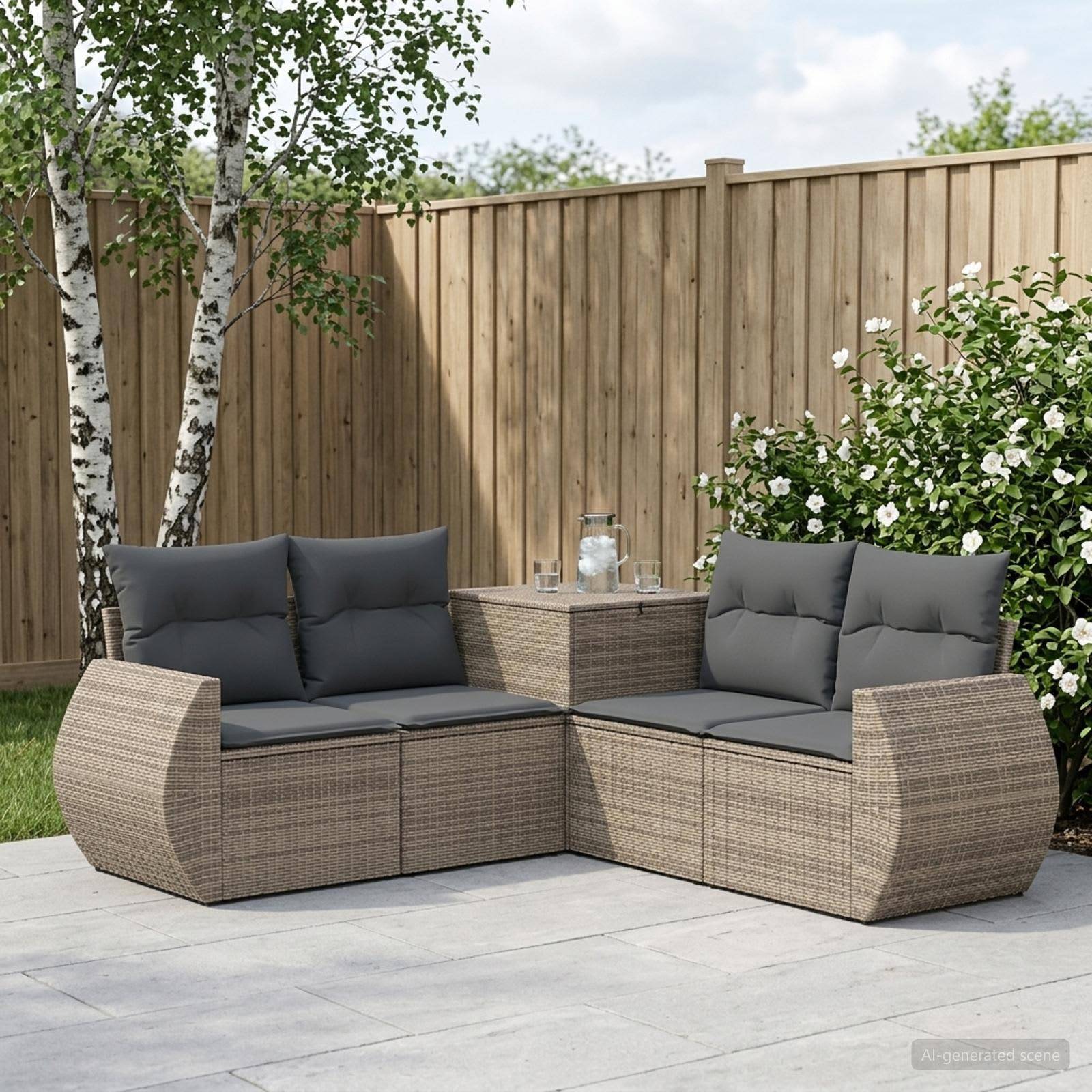 Outdoor-Sitzgarnitur für die Terrasse mit zwei Korbflecht-Zweiersofas, dunklen Kissen und einem kleinen Tisch auf einer gepflasterten Terrasse neben einem Holzzaun und Grünanlagen.