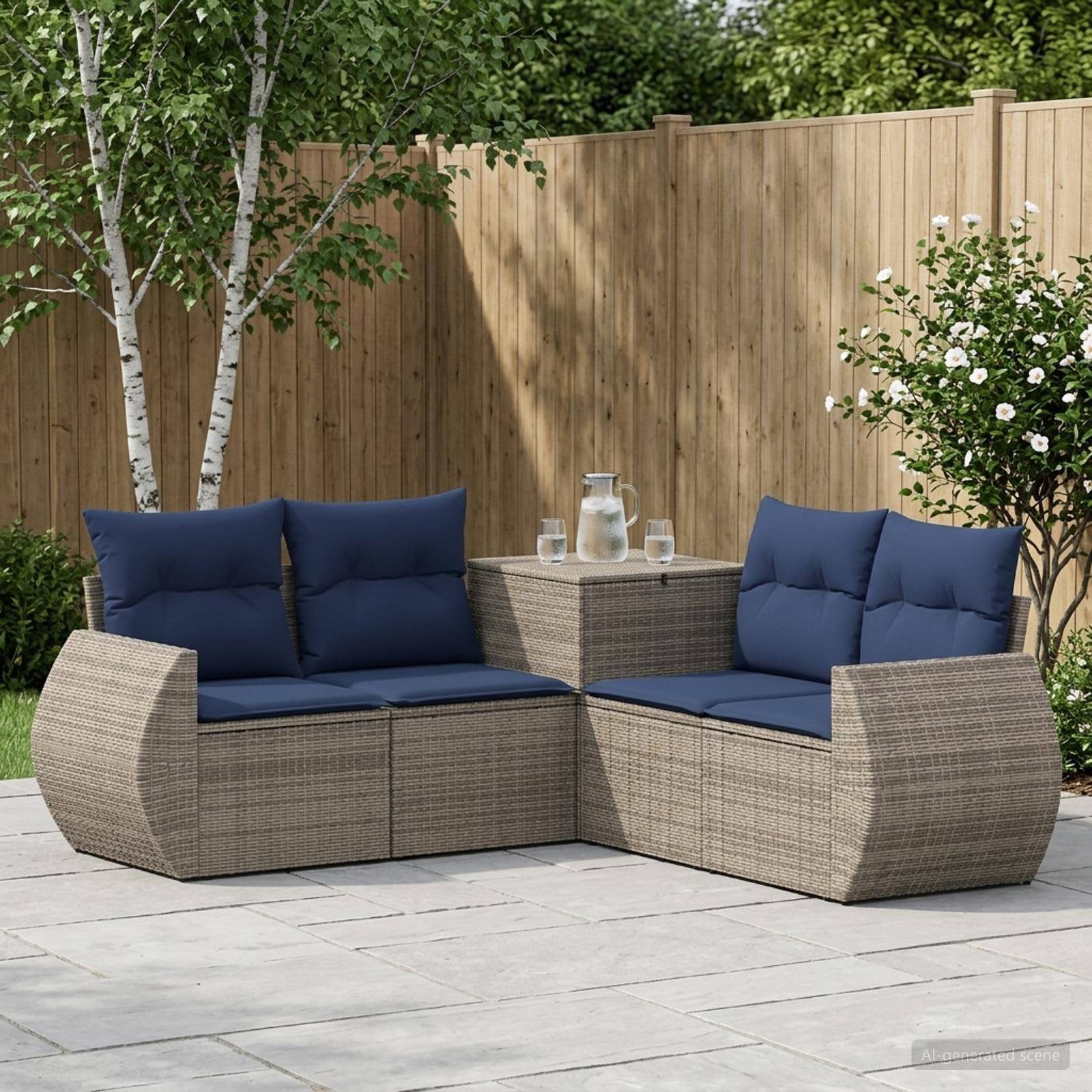 Outdoor-Sitzmöbel-Set mit zwei Korbliegen mit blauen Kissen und einem kleinen Tisch mit Getränken neben einem Holzzaun.