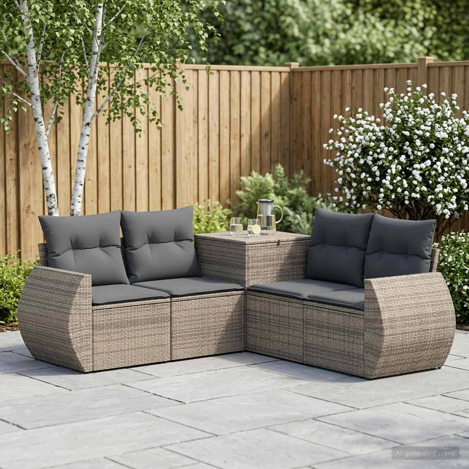 Outdoor-Rattanecksofa mit dunklen Polstern und kleinem Tisch auf einer Terrasse, positioniert in einem gestalteten Hinterhof mit Holzzaun und blühenden Sträuchern.
