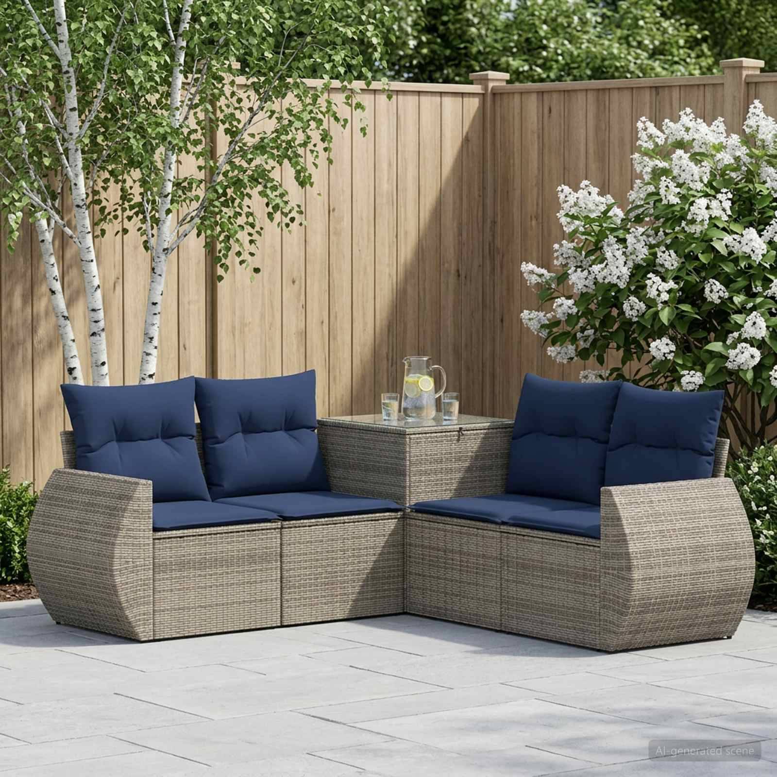 Sitzmöbel-Set für die Terrasse im Freien mit zwei Wicker-Zweisitzern und marineblauen Kissen rund um einen kleinen Tisch mit Glastischplatte in einem eingezäunten Garten.