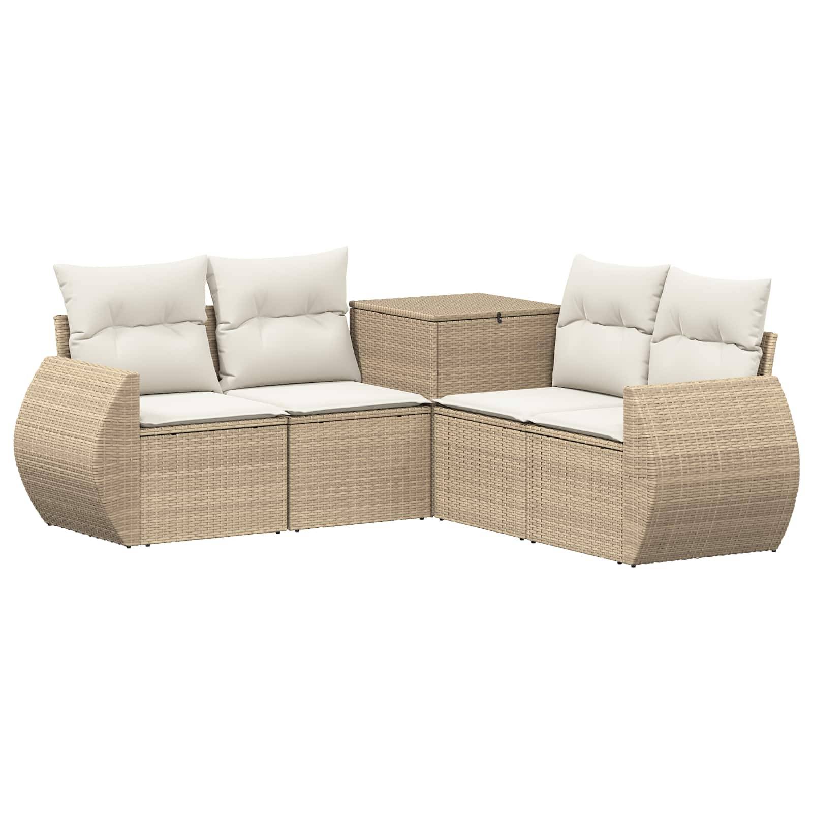 Beiges gewebtes Rattan-Außenbereichs-Sitzelement mit weißen Kissen und passendem Ecktisch.