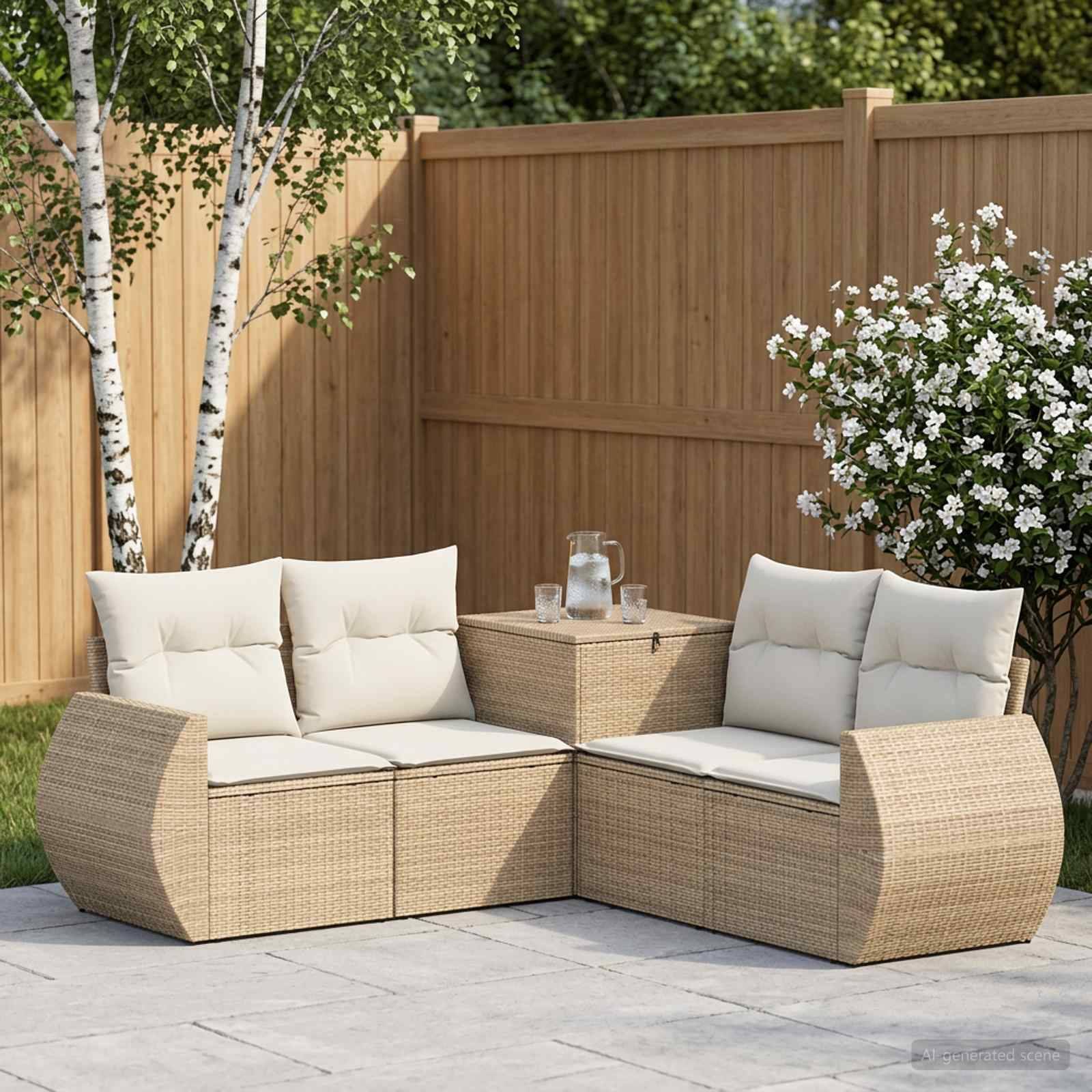 Outdoor-Sitzmöbel aus Polyrattan mit zwei Rattansofa, weißen Kissen und einem kleinen Tisch neben einem Holzzaun und einem blühenden Strauch.