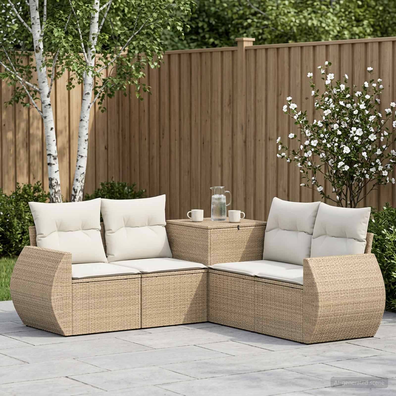 Outdoor-Ecksofa-Set aus beige Rattan mit weißen Kissen und kleinem passendem Tisch, vor einem Holzzaun und Bäumen aufgestellt.