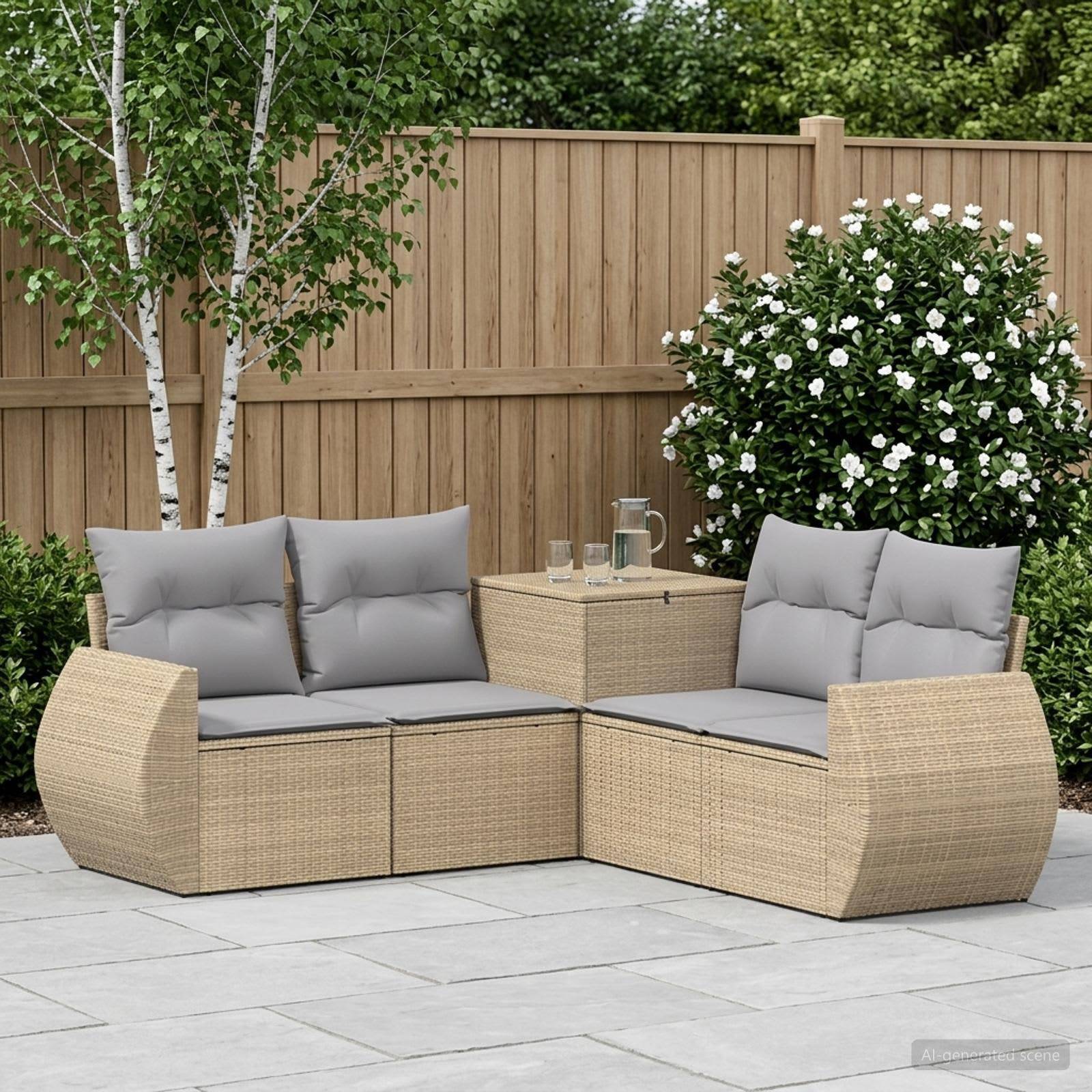 Gartenmöbel-Set im Freien mit zwei Rattanecksofas und einem kleinen Tisch, graue Polster, vor einem Holzzaun und Gartensträuchern aufgestellt.