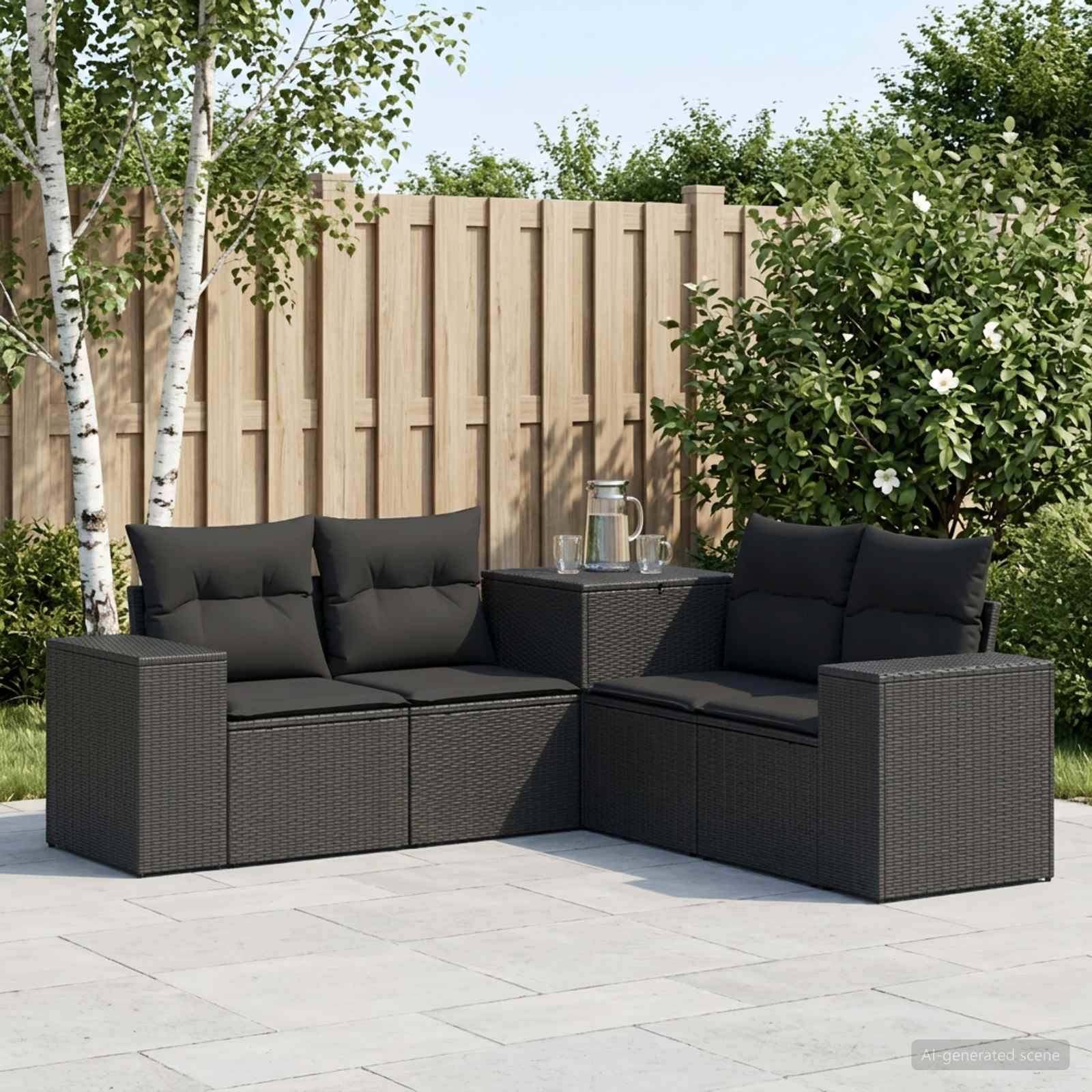 Gartenpatiomöbelset mit zwei schwarzen Rattansofa, Kissen und einem kleinen Beistelltisch neben einem Holzzaun und Bäumen.