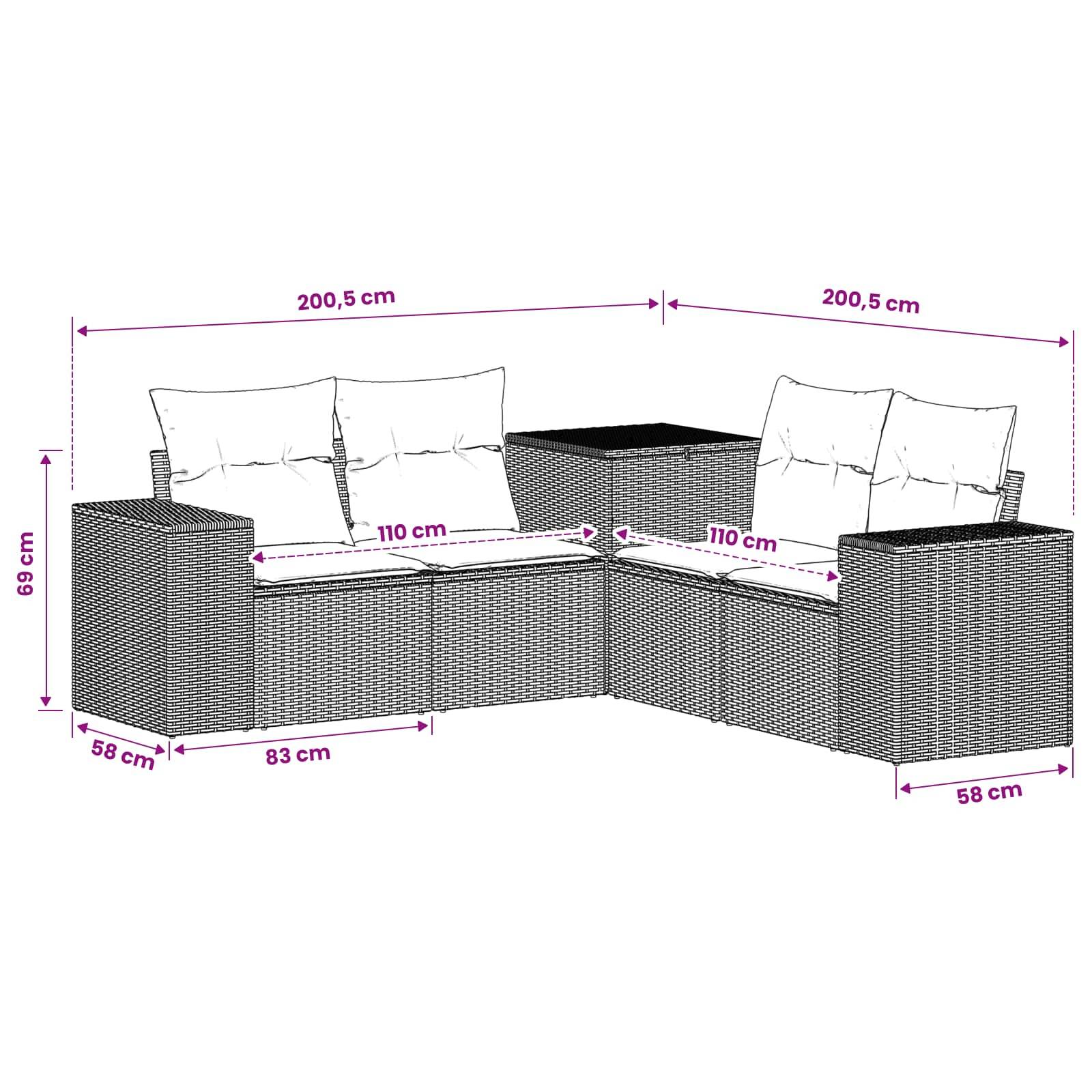 Maßstabgerechte Zeichnung eines modularen L-förmigen Außensofas mit Tisch, die Gesamtbreite, Sitztiefe, Höhe und Kissenabmessungen in Zentimetern zeigt.