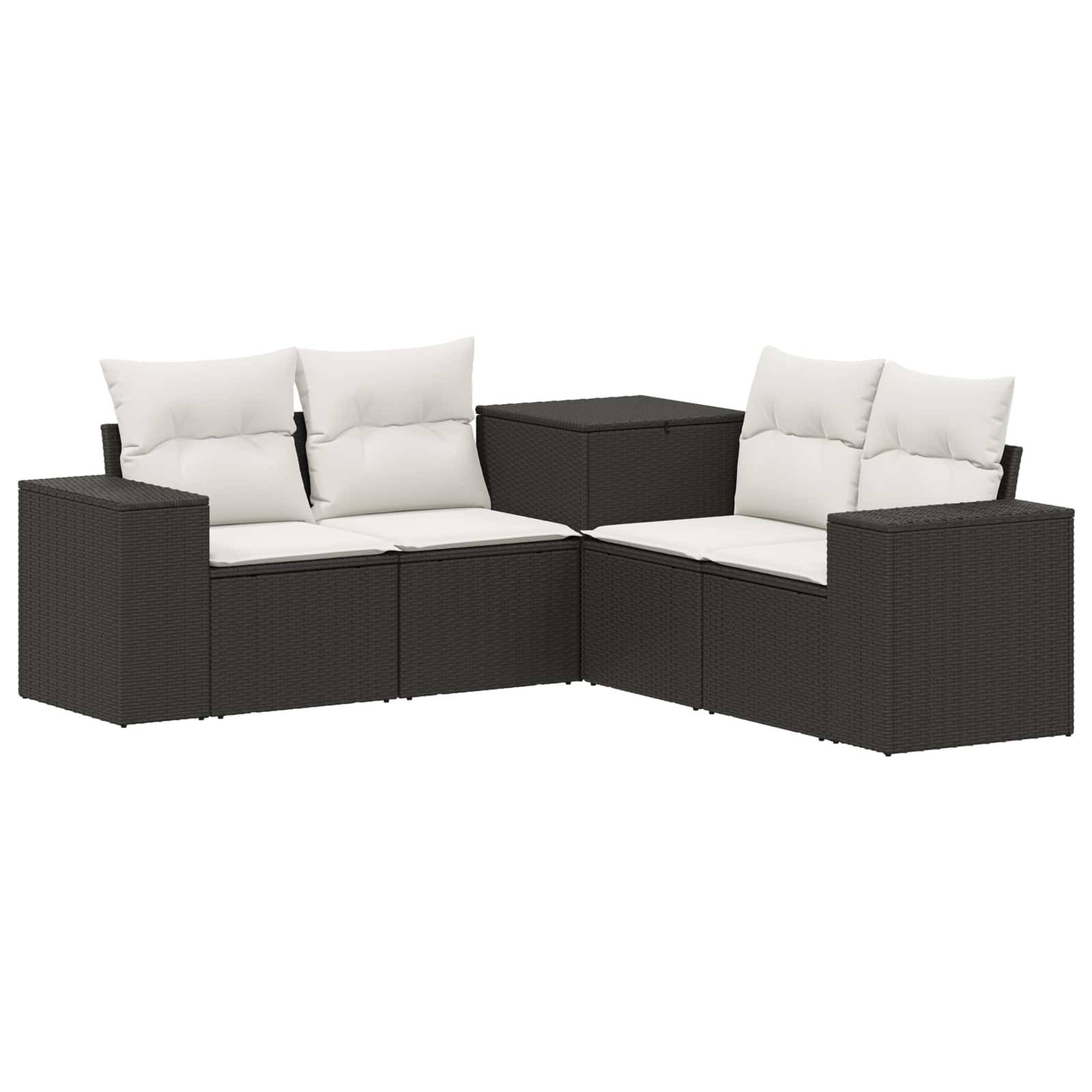 Dunkelbraunes Polyrattan-Außensektionalsofa mit weißen Kissen und passendem Ecktisch, auf weißem Hintergrund dargestellt.