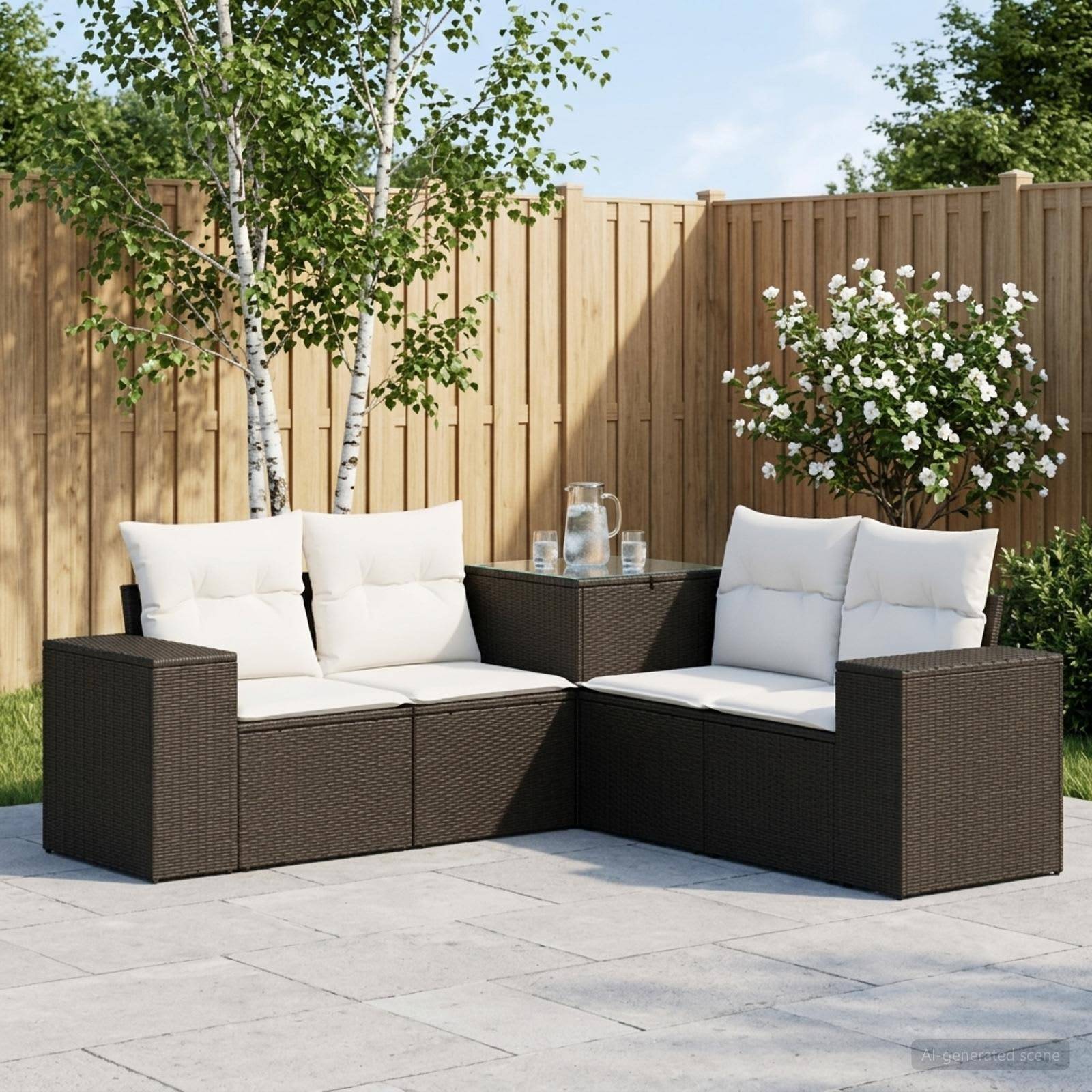 Outdoor-Sitzbereich auf der Terrasse mit dunkelbraunen Korbsofas, weißen Kissen, Beistelltisch und Holzzaun in einem gestalteten Garten.