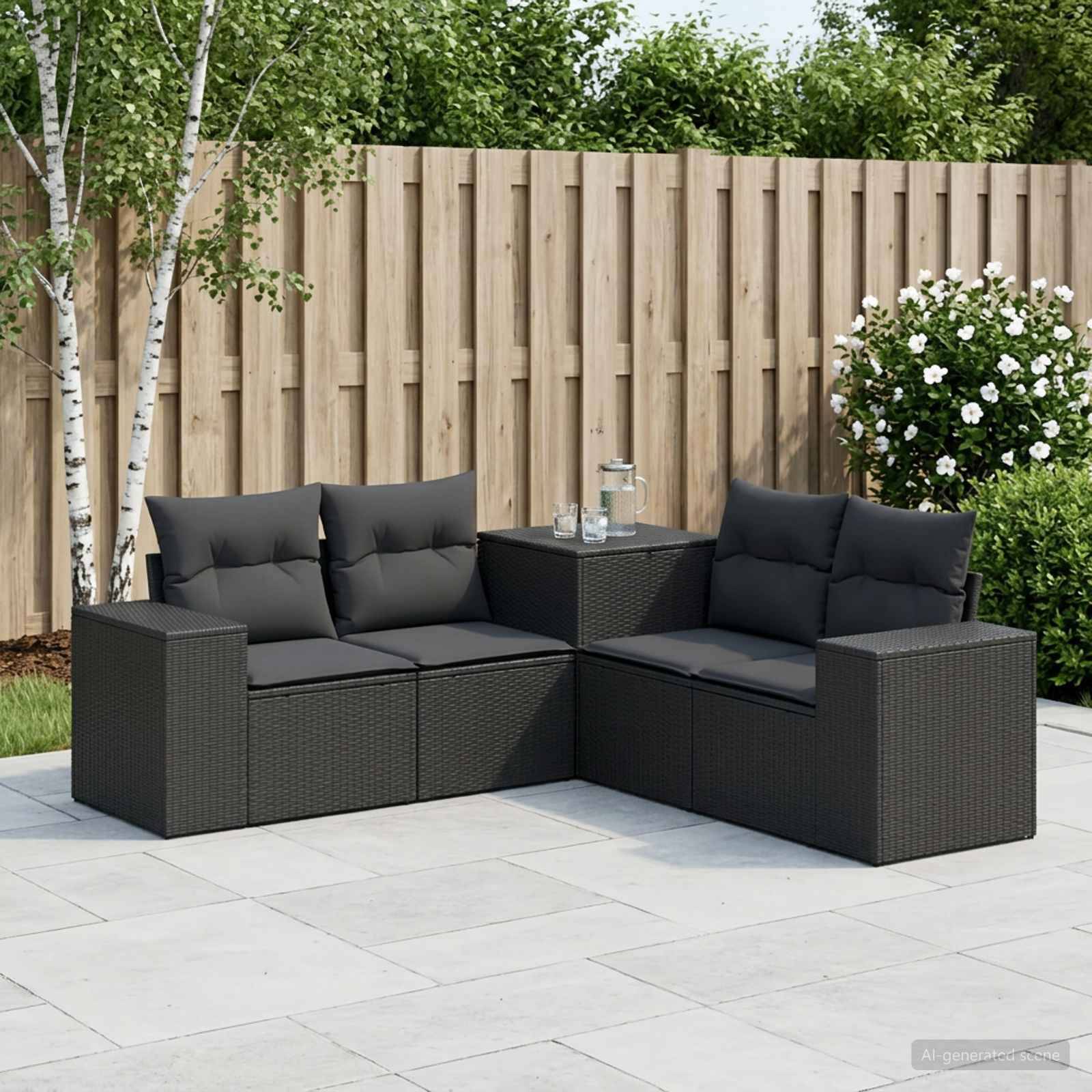 Schwarze Outdoor-Patio-Ecksofa mit Eckentisch und Kissen auf einer gekachelten Terrasse, vor einem Holzzaun und Gartensträuchern.