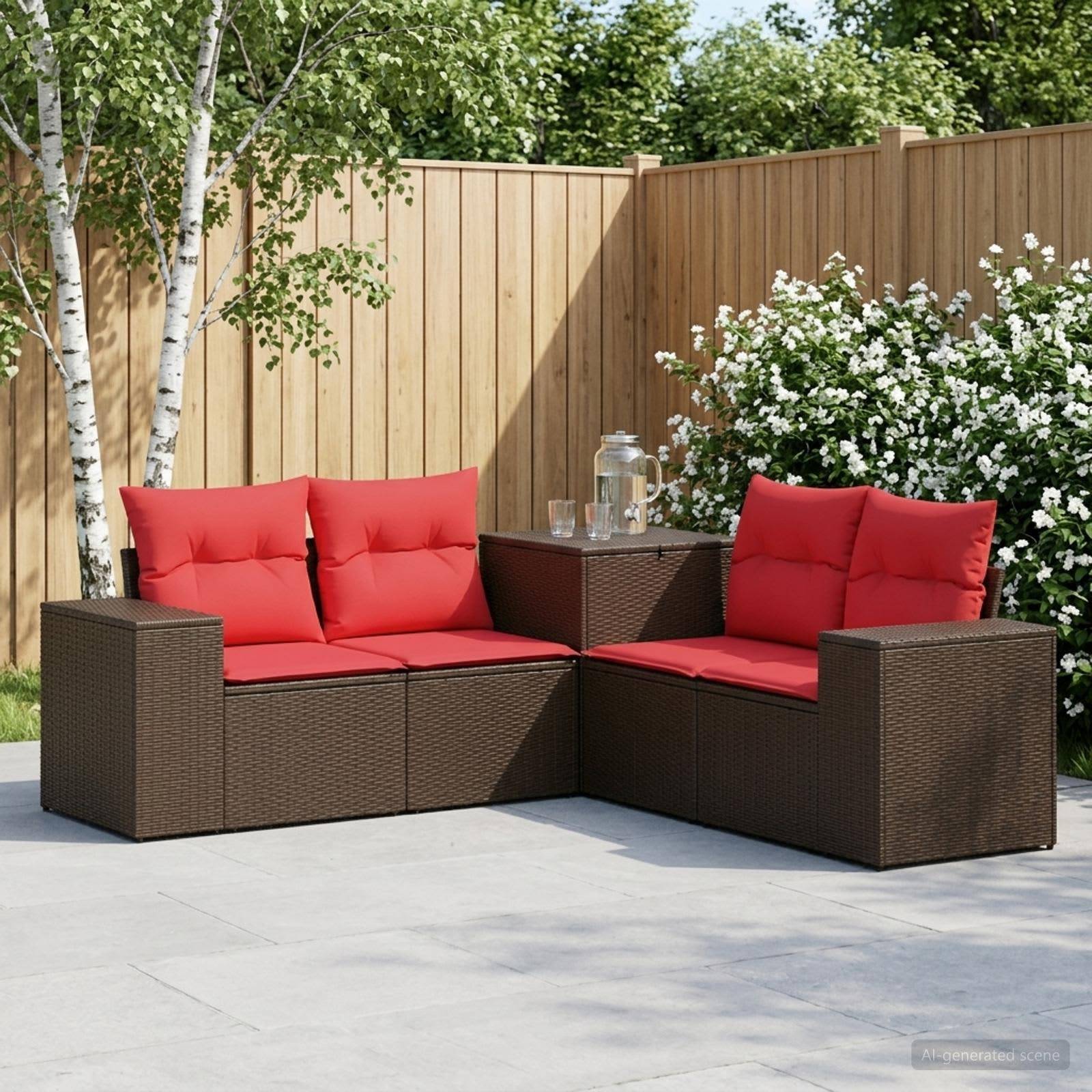 Gartenset für die Terrasse mit zwei braunen Korbliebessitzen, roten Polstern und einem kleinen Beistelltisch neben einem Holzzaun und einem blühenden Strauch.