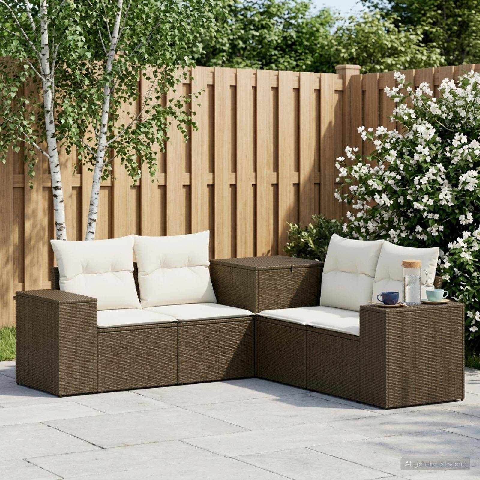 Outdoor-Terrassensektionalsofa mit weißen Kissen und braunem Rattanrahmen neben einem Holzzaun und blühenden Sträuchern.