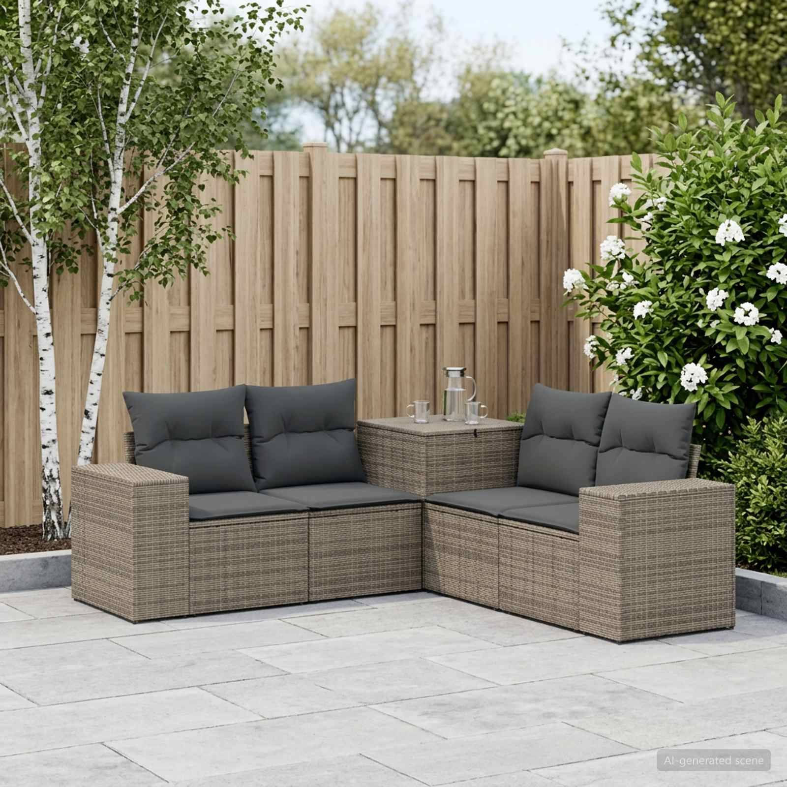 Außenterrasse mit Wickel-Ecksofa, dunklen Kissen und kleinem Tisch neben einem Holzzaun und Gartensträuchern.