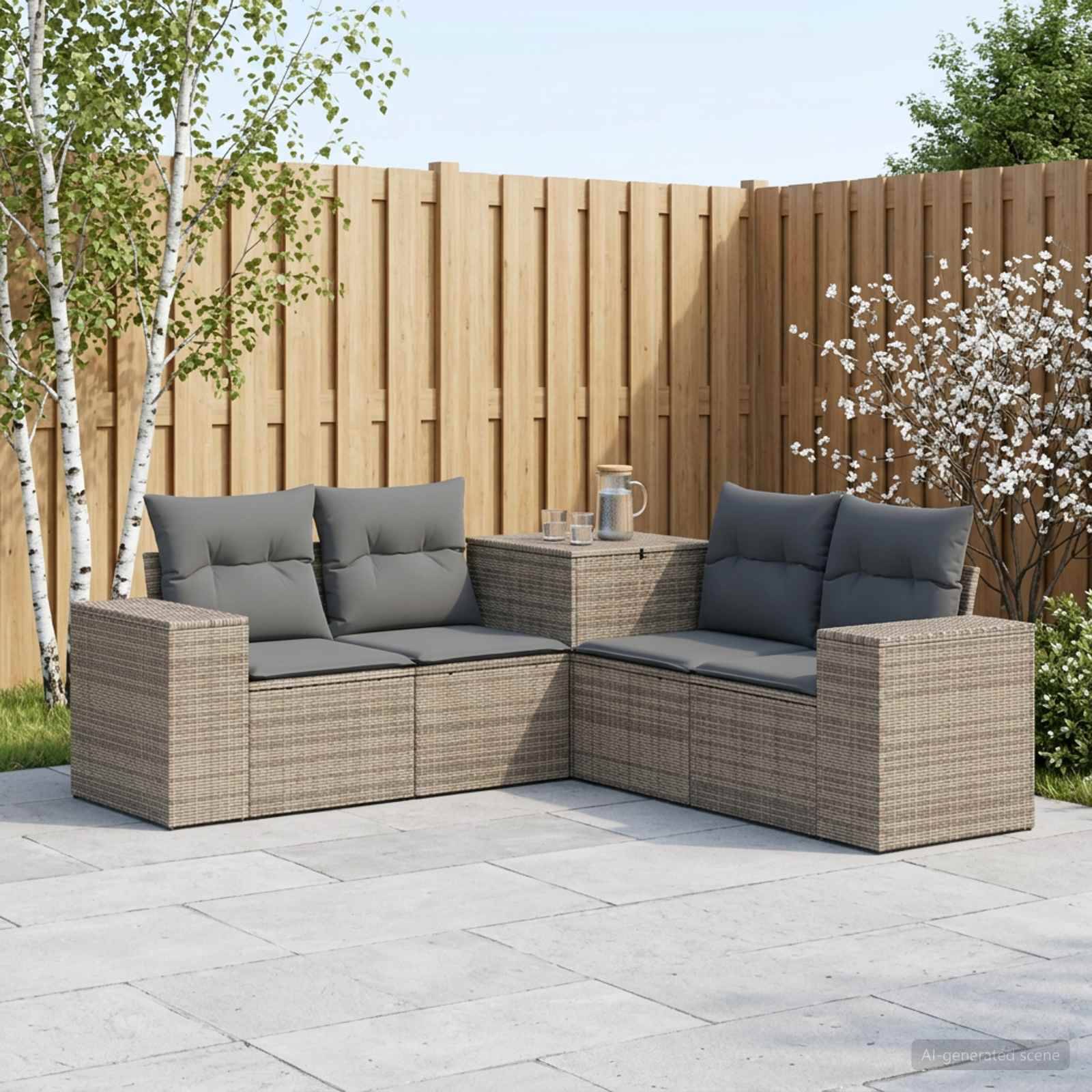 Zwei Korbgartensofas mit grauen Kissen bilden eine L-förmige Terrassen-Sitzecke neben einem Holzzaun und einem kleinen Beistelltisch.