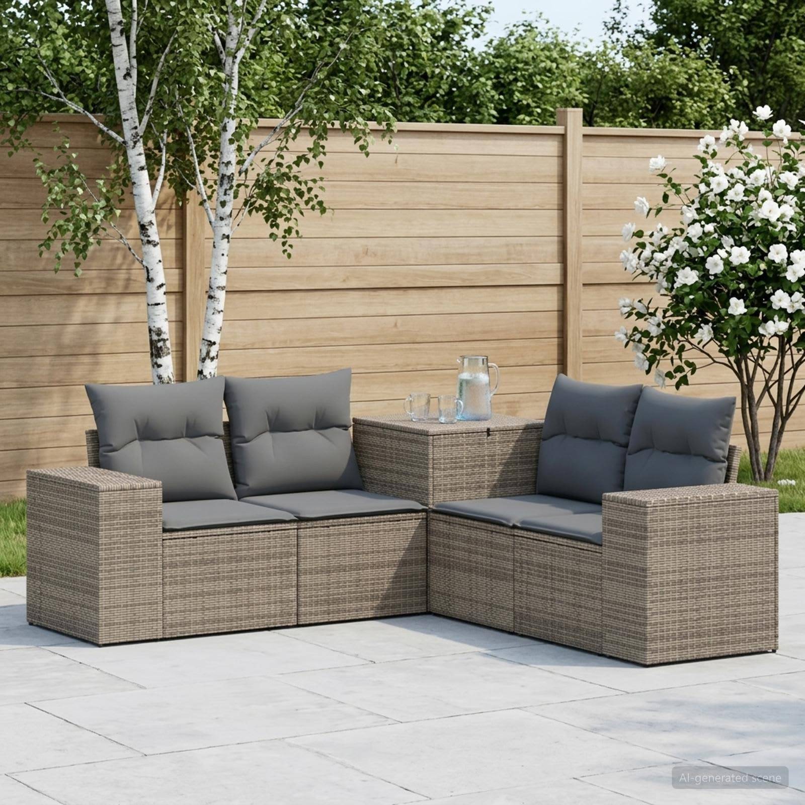 Outdoor-Sitzgarnitur auf der Terrasse mit zwei Korbsesseln und Ecktisch, grauen Kissen und einem Glaskrug mit Gläsern, neben einem Holzzaun und blühenden Sträuchern.