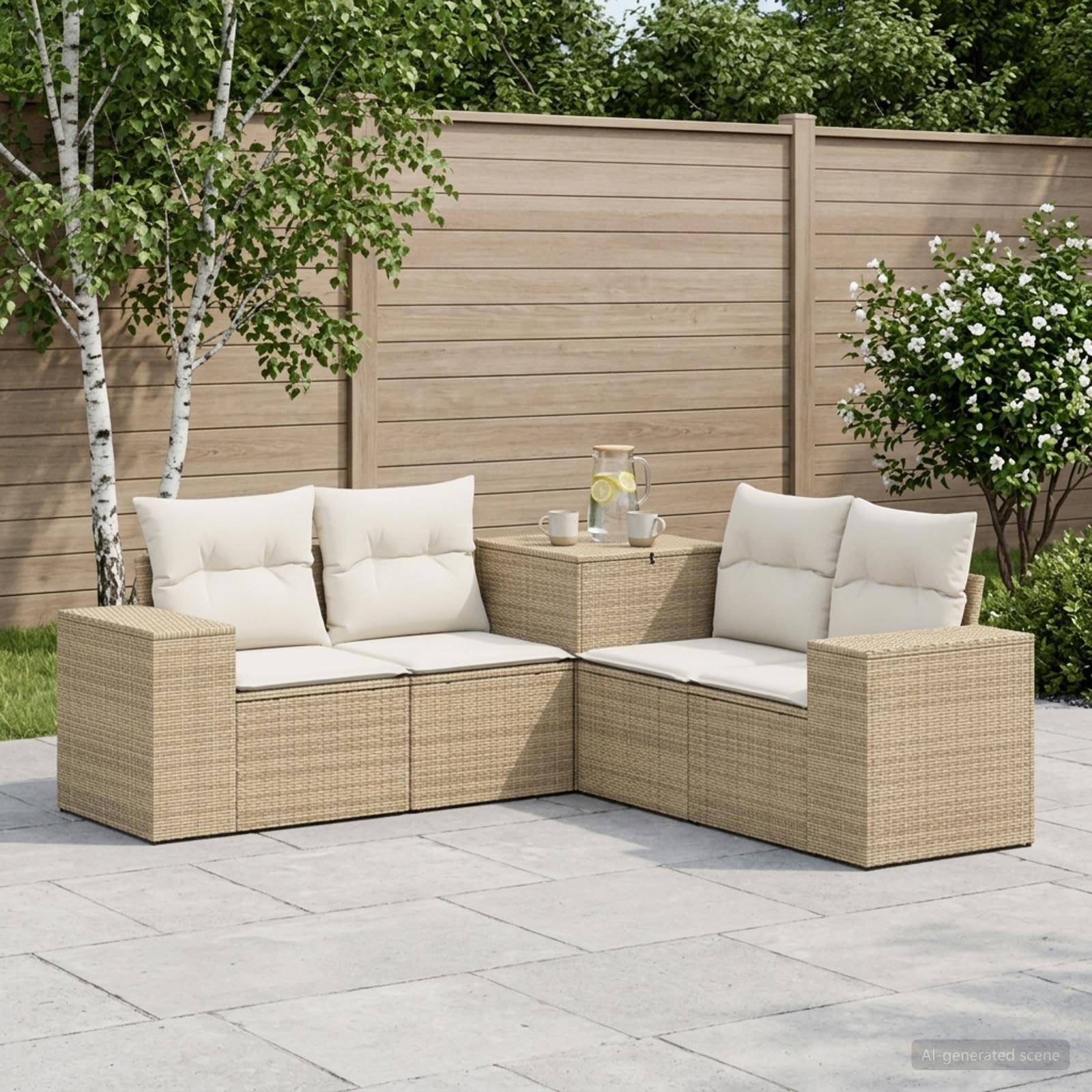 Outdoor-Rattanpolstergruppe für die Terrasse mit cremefarbenen Kissen und passendem Ecktisch in einem landschaftlich gestalteten Garten.